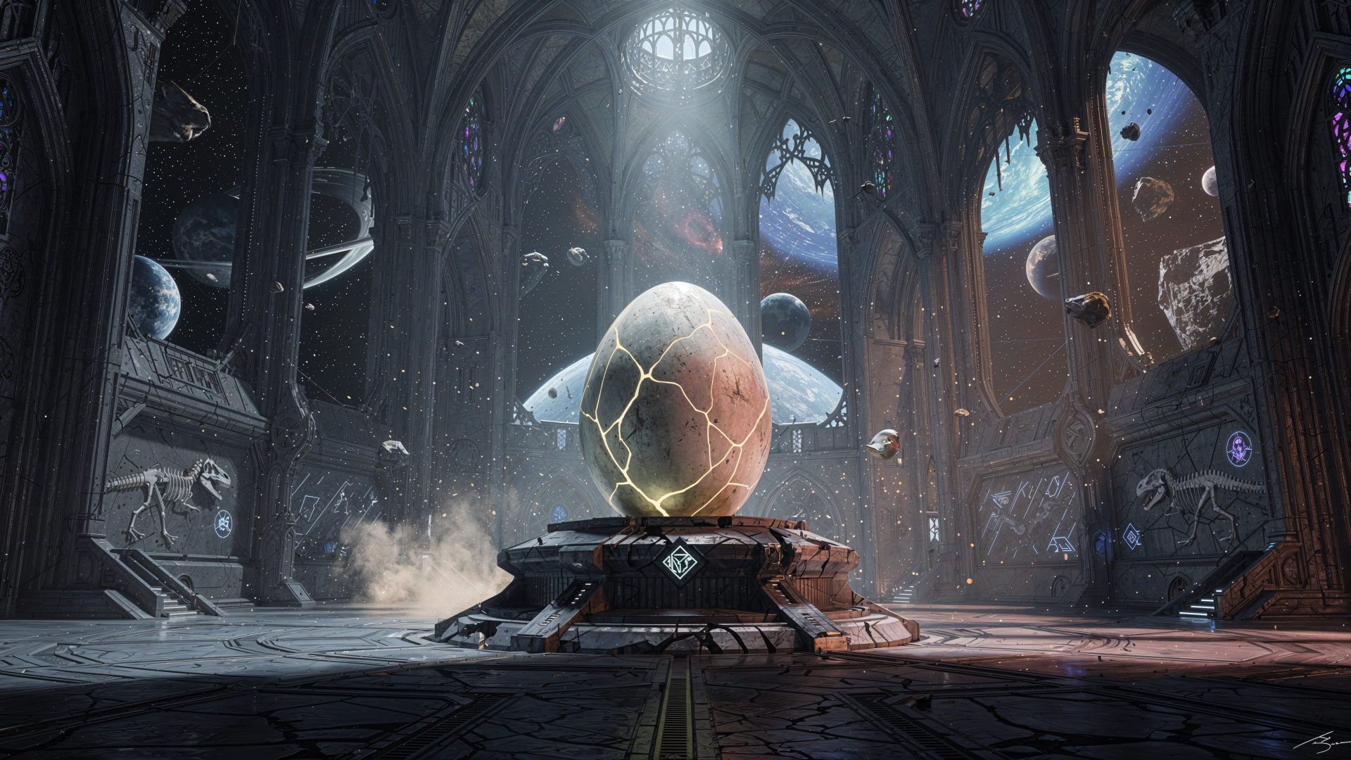 4K Ultra HD PC desktop wallpaper and background: a cracked, glowing dinosaur egg on a futuristic pedestal inside a vast, cathedral-like space chamber.