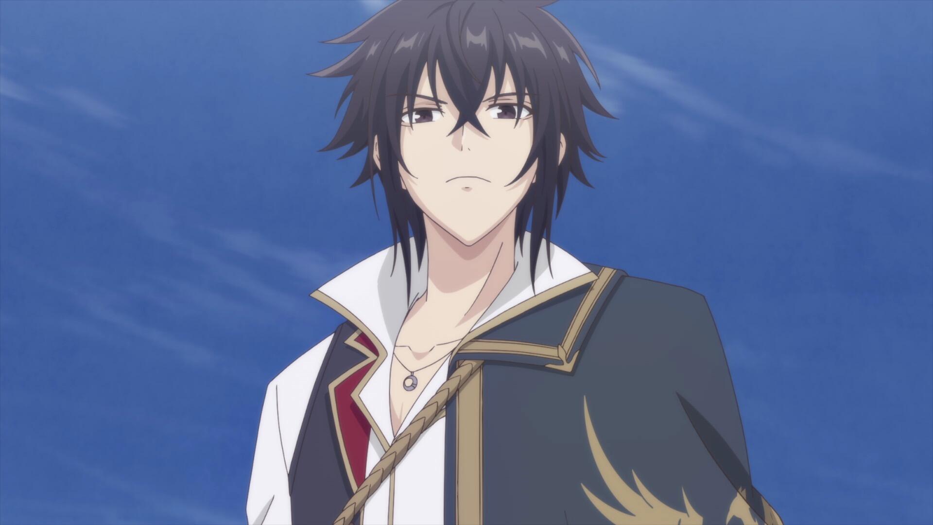 Anime HD PC desktop wallpaper: Arnold Lakes Adler from The Insipid Prince's Furtive Grab for the Throne — dark-haired prince in a cloak standing against a clear blue sky.