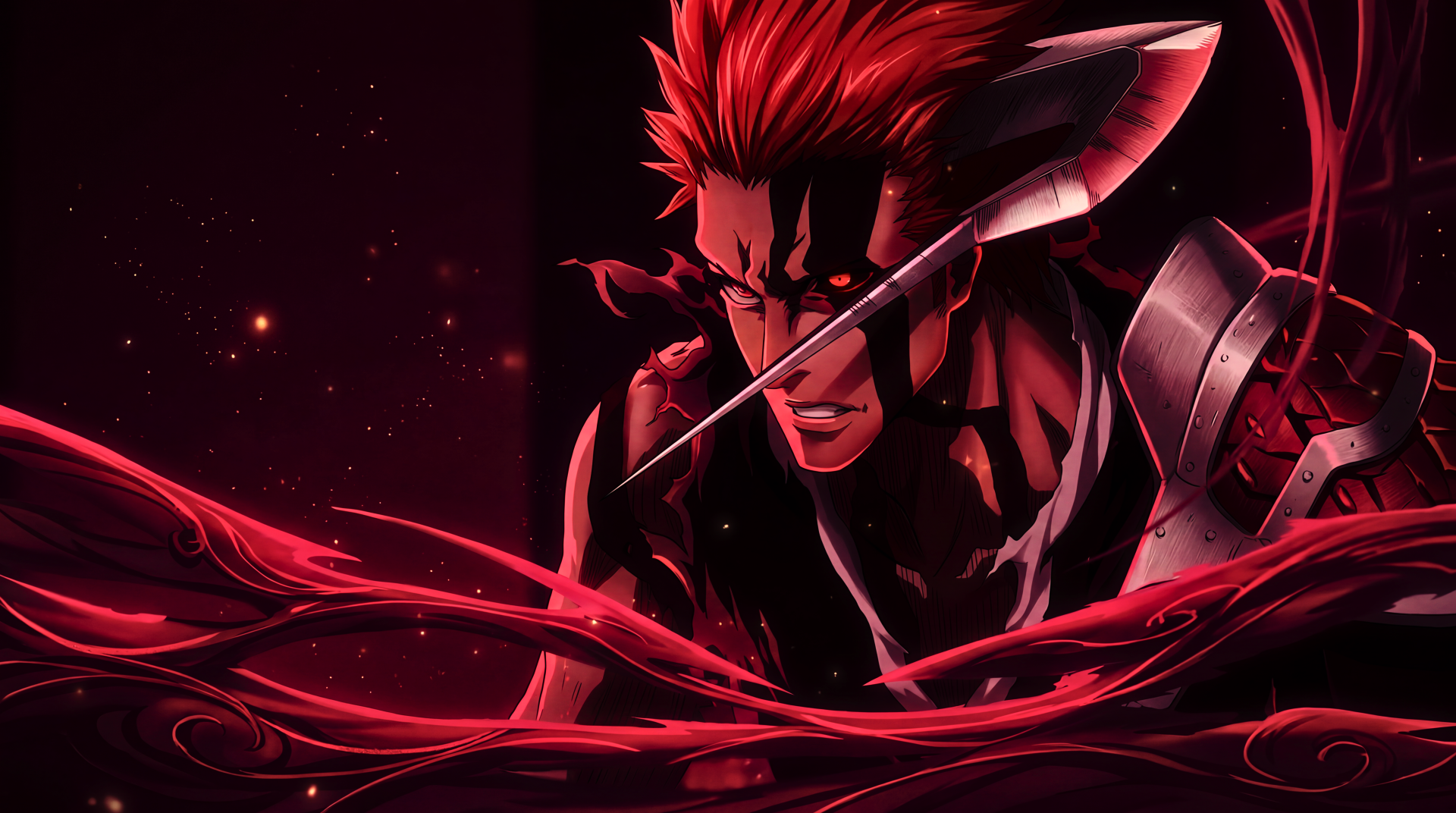Bleach: Thousand-Year Blood War — Ichigo Kurosaki in Horn of Salvation form, red energy ribbons swirling across a dark field. 5K Ultra HD PC desktop wallpaper, anime.