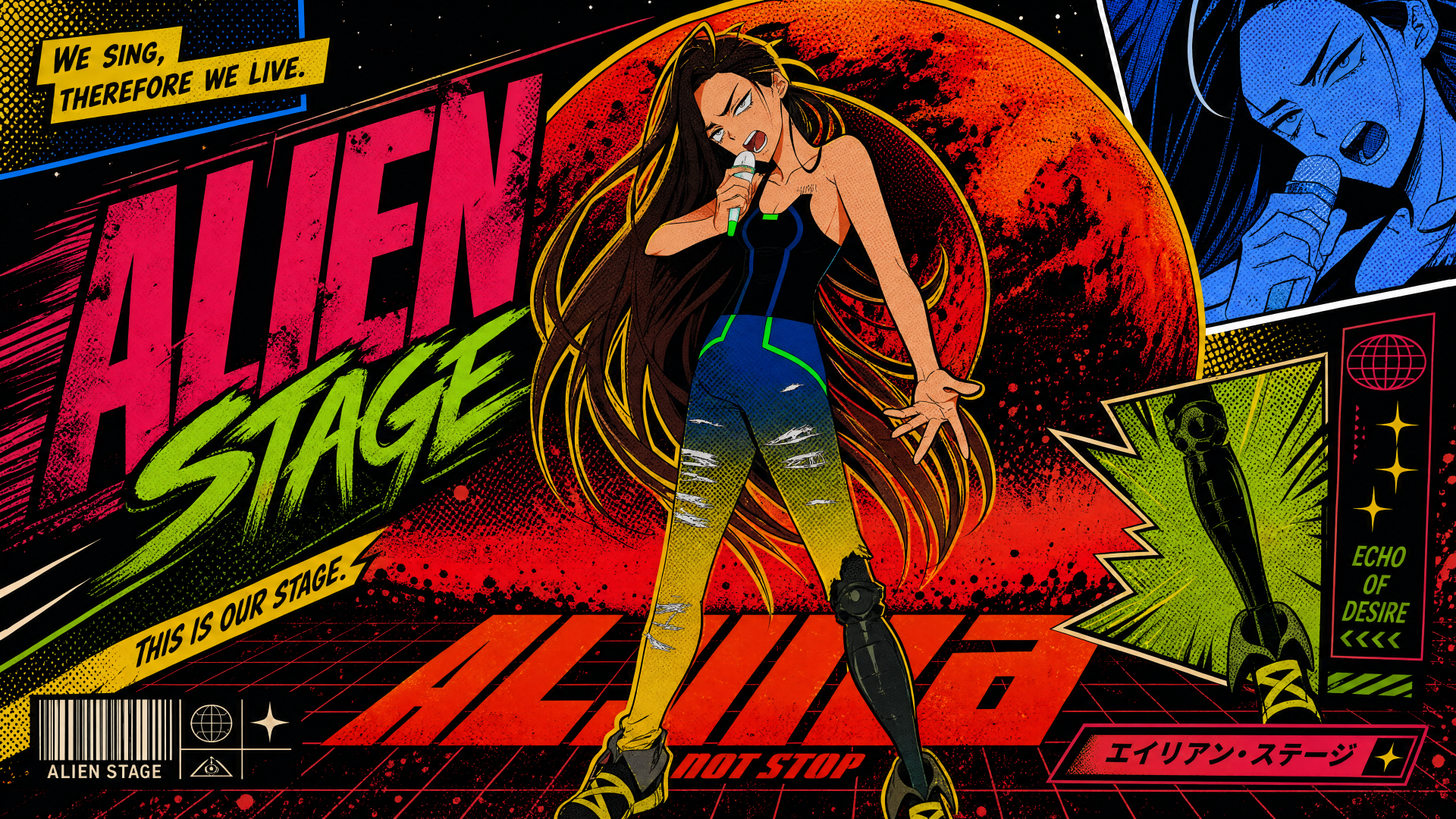 Comic-style Alien Stage 4K Ultra HD PC desktop wallpaper: a long-haired female singer on a neon stage with a red planet backdrop, bold graphic text and sci-fi pop-art panels.