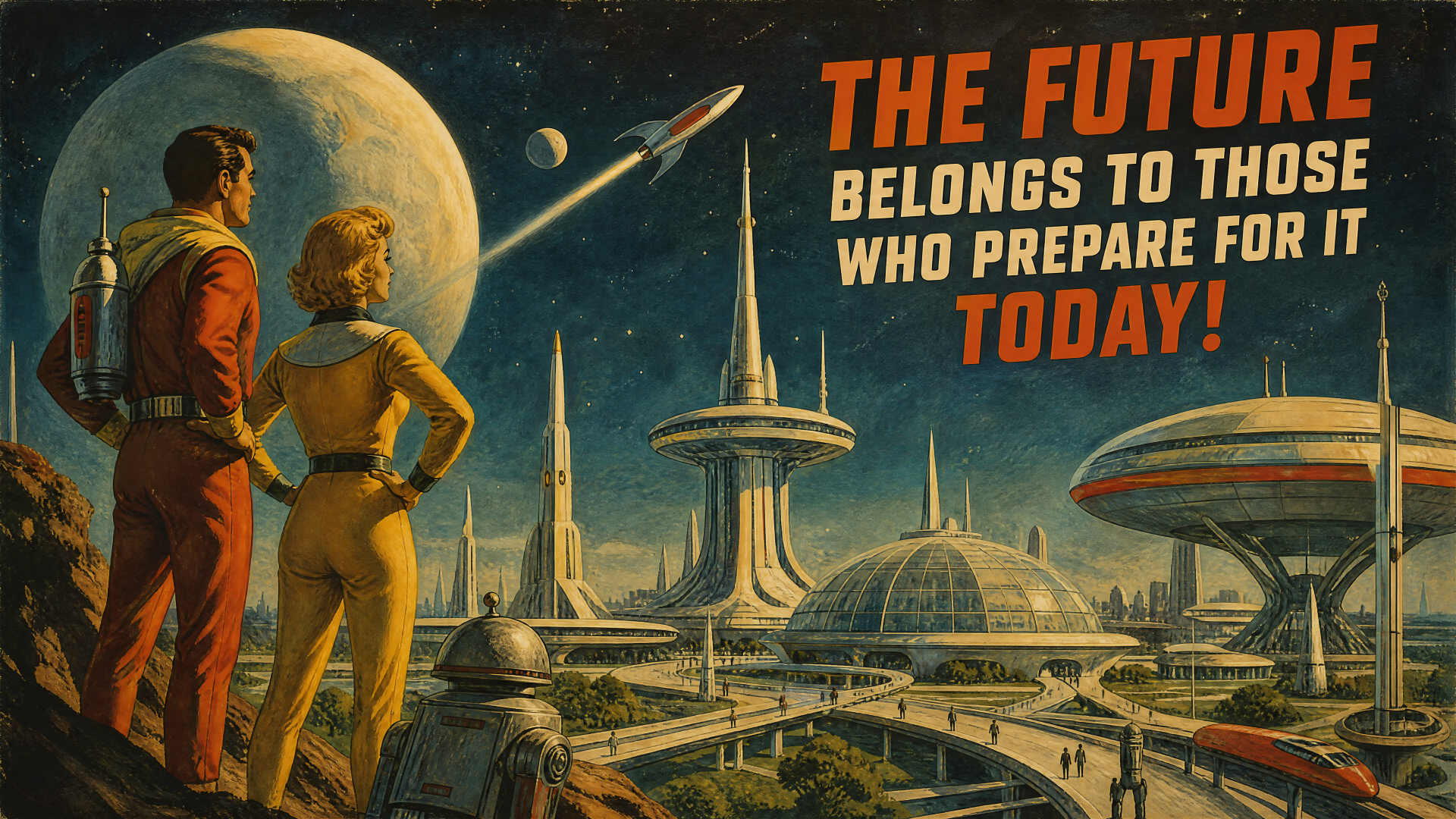 Motivational 4K Ultra HD PC desktop wallpaper and background: retro-futuristic cityscape with two observers, rockets and the slogan The future belongs to those who prepare for it today!