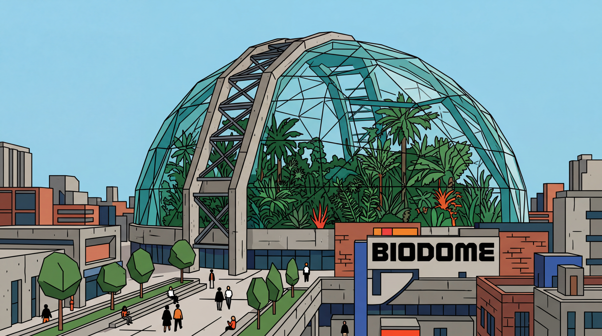 5K Ultra HD PC desktop wallpaper and background: a glass biodome housing lush tropical plants above an urban plaza with walkways and pedestrians.