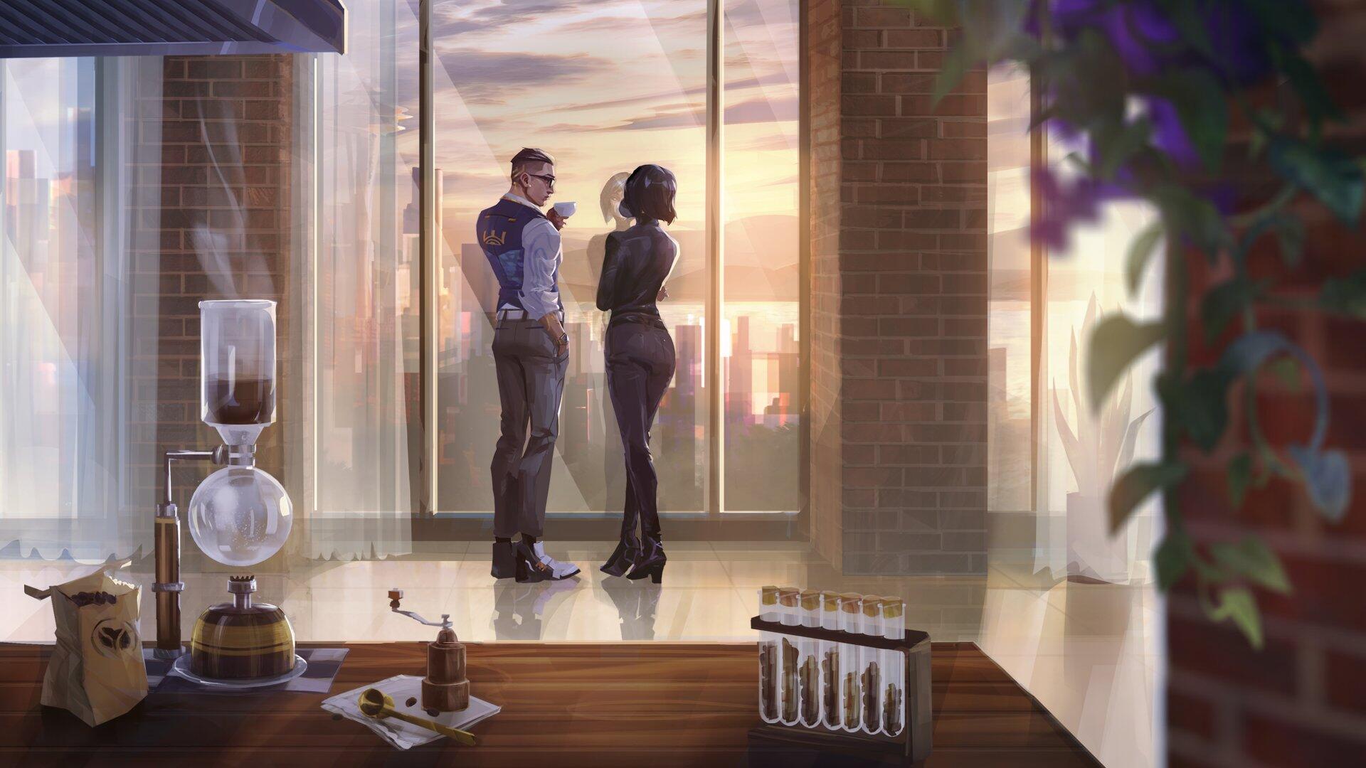 HD PC desktop wallpaper showing Valorant agents Viper and Chamber by a sunlit loft window, with lab glassware and test tubes on a table in the foreground.