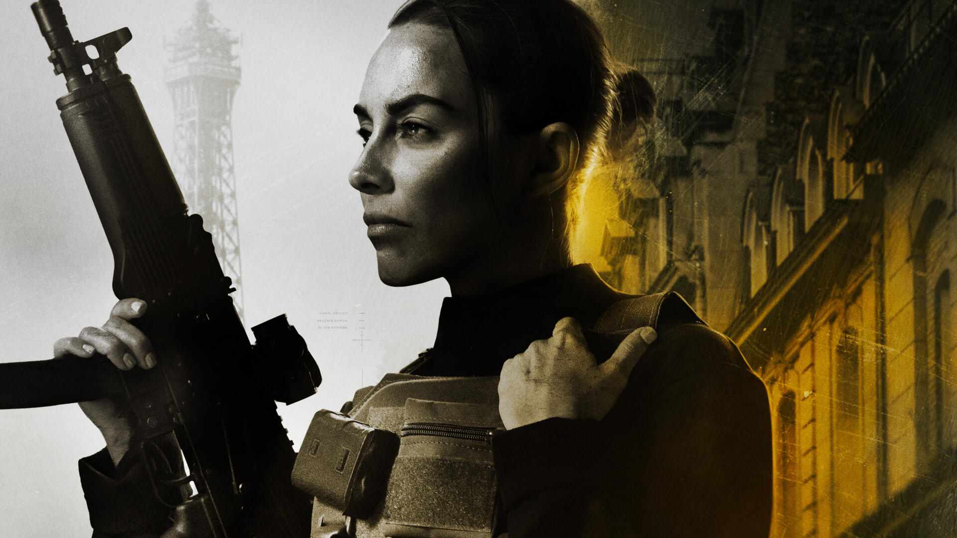 4K Ultra HD PC desktop wallpaper of a woman in tactical gear holding a rifle, framed as a bold silhouette against a split grayscale and golden cityscape background.