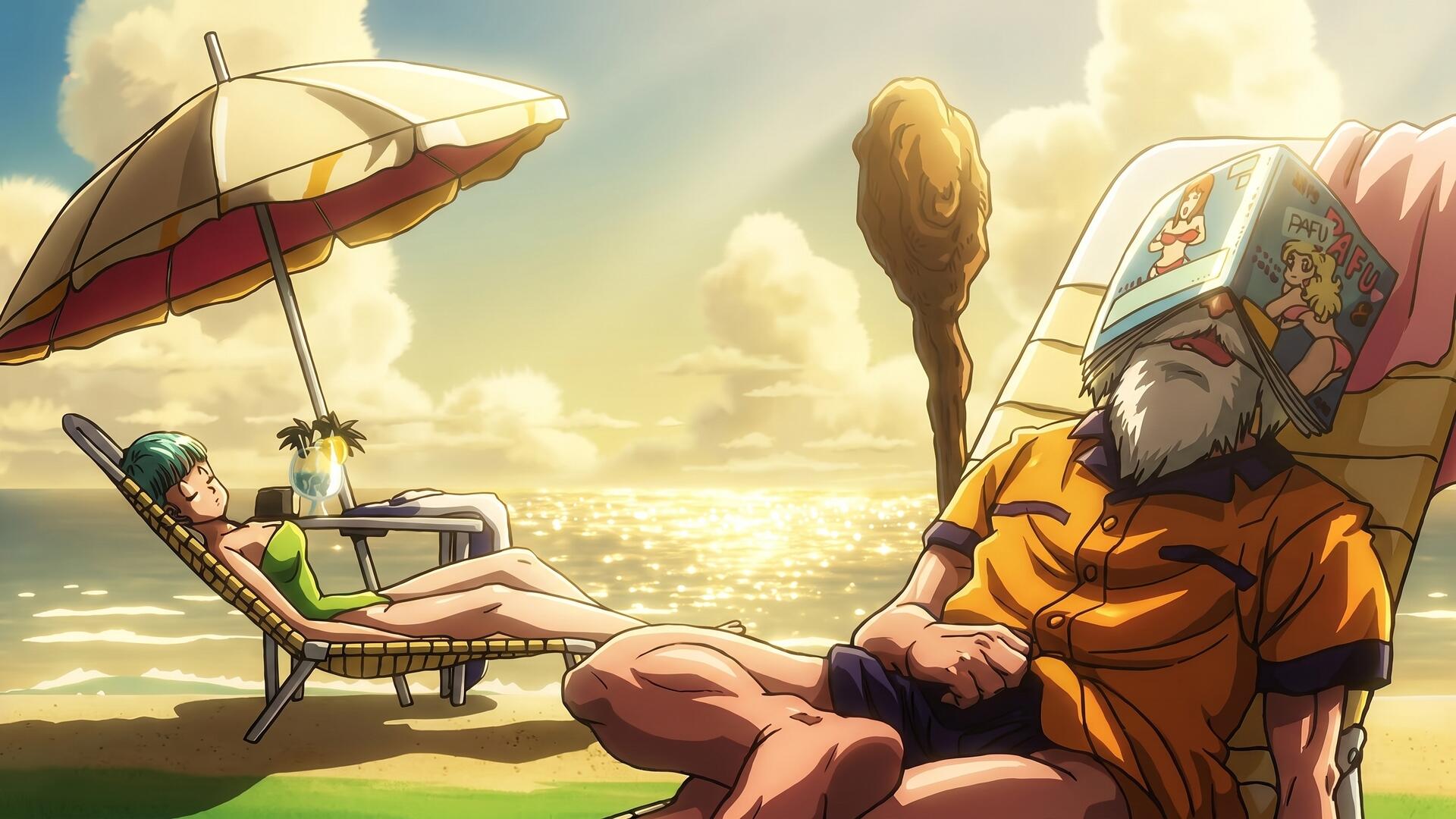 HD PC anime desktop wallpaper of Dragon Ball Z's Master Roshi and Bulma relaxing on a sunlit beach at sunset — Roshi under a hair-dryer helmet, Bulma reclining on a lounge chair by the sea.