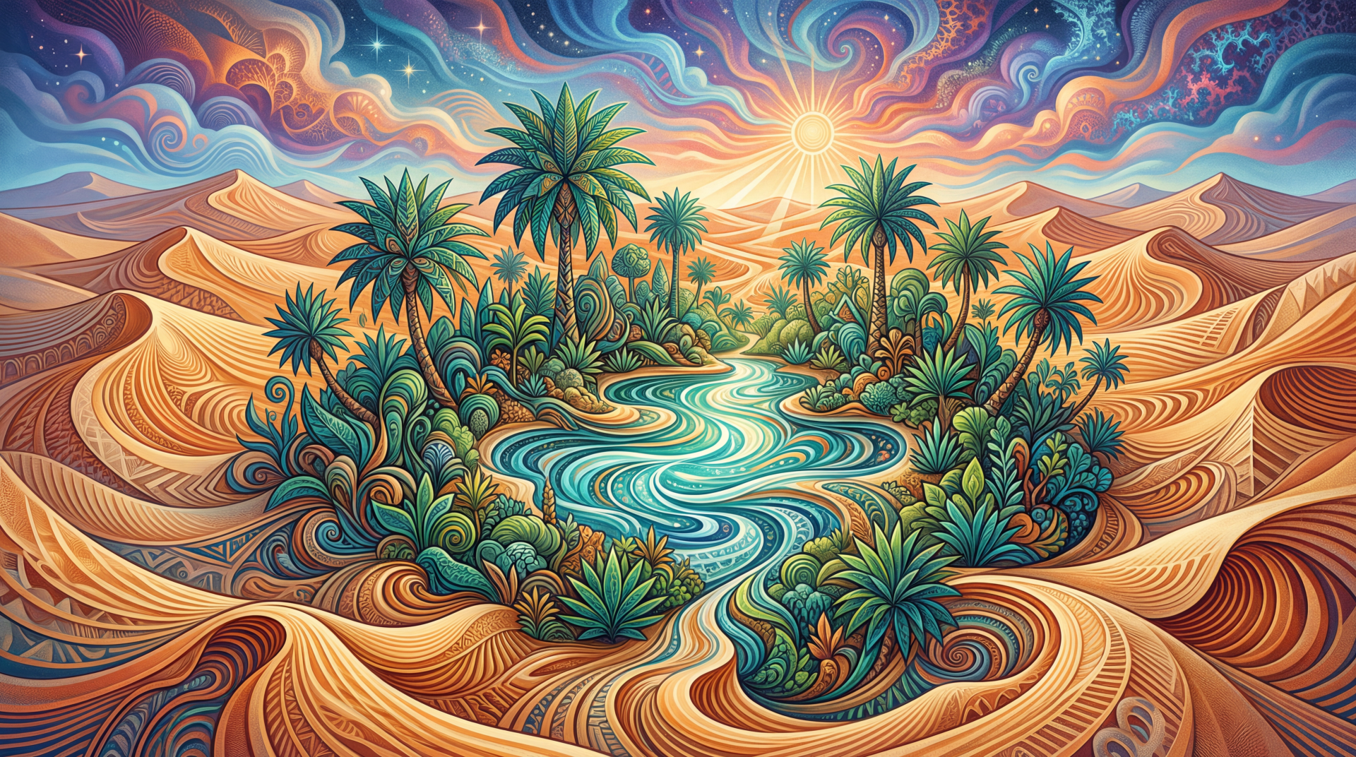 5K Ultra HD PC desktop wallpaper: vibrant desert oasis with swirling golden dunes, lush palm groves and a shimmering turquoise lagoon beneath a swirling, colorful sky.