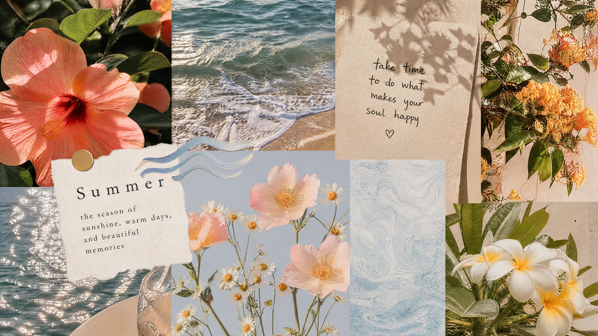 4K Ultra HD PC desktop wallpaper and background: summer floral collage of hibiscus, daisies and blossoms, ocean waves, handwritten note and soft pastel botanical textures.