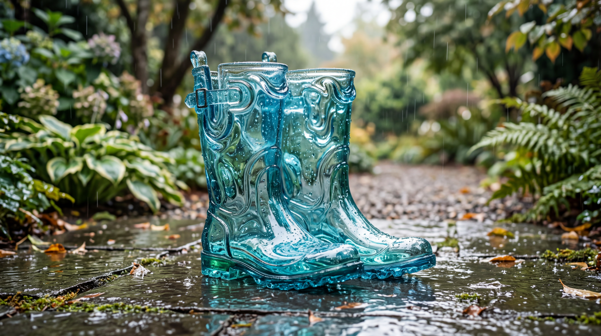 Translucent blue rain boots in a puddle on a wet garden path — 5K Ultra HD PC desktop wallpaper and background.