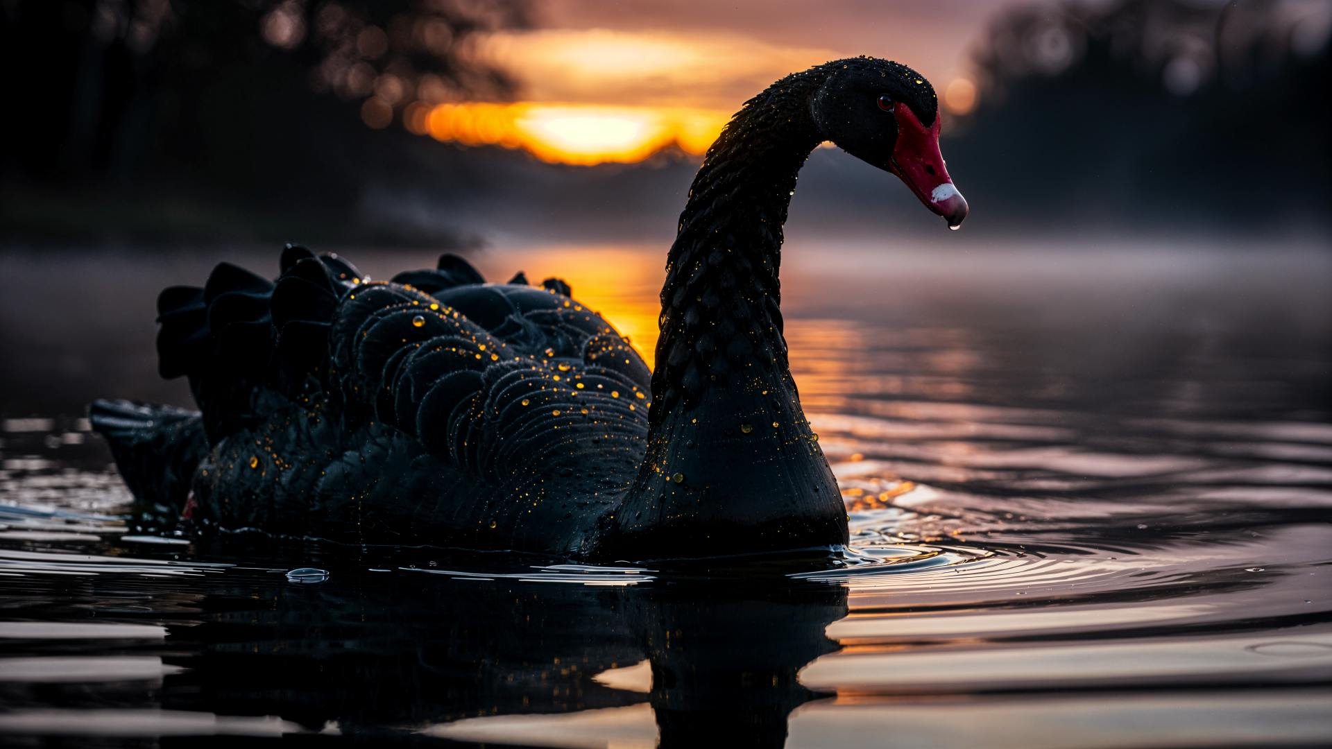 Black swan gliding across a mirrored lake at sunset — a 4K Ultra HD PC desktop wallpaper and background with droplets sparkling on its dark feathers.