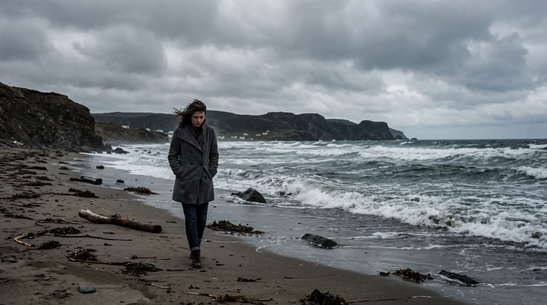 Moody coastal aesthetic: lone figure in a coat walks a windswept shoreline beneath storm clouds — 5K Ultra HD PC Desktop Wallpaper and Background.