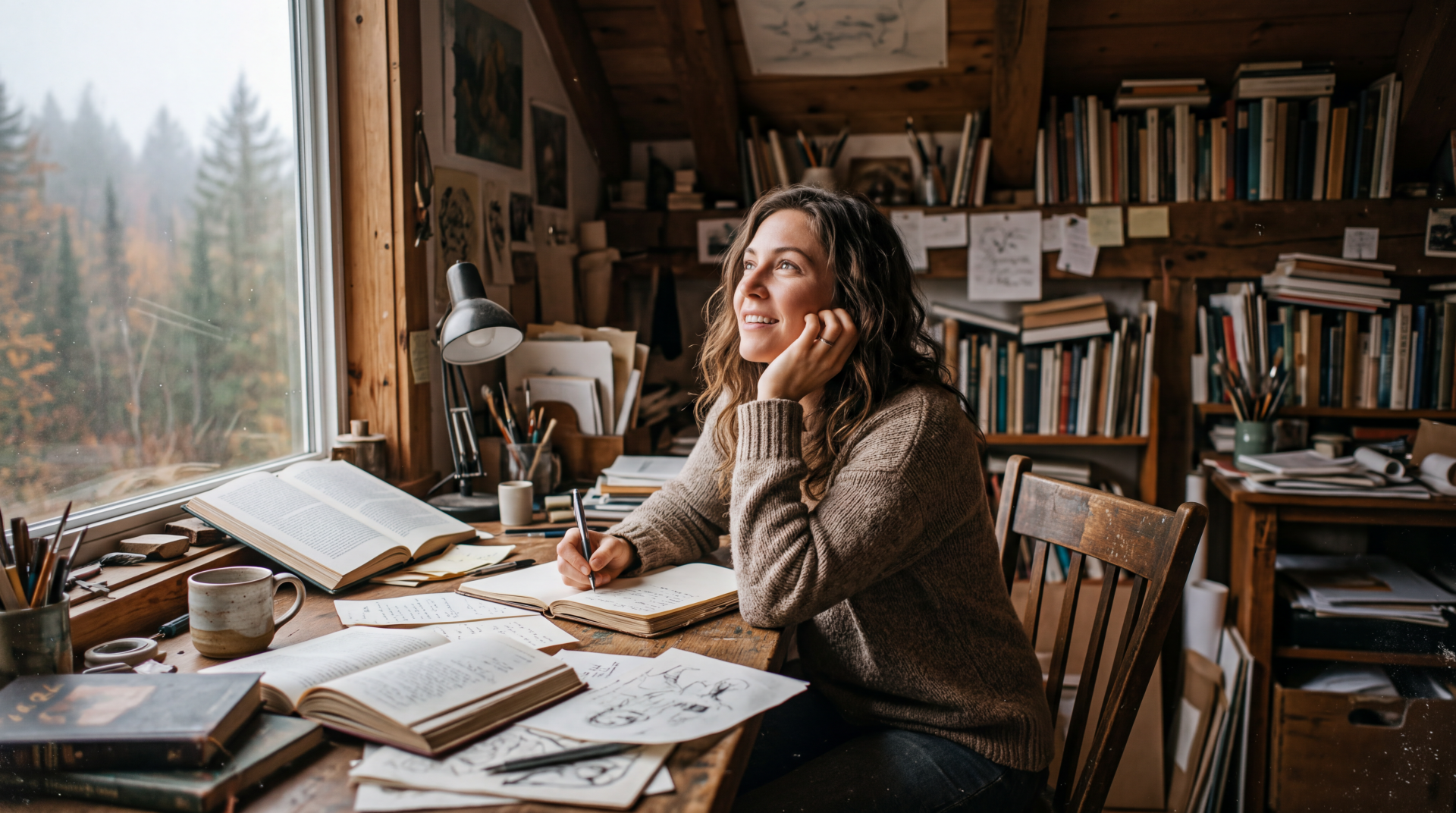 Inspiration — 5K Ultra HD PC desktop wallpaper of a person daydreaming at a cluttered wooden desk in a cozy, book-lined studio as soft sunlight streams through a window.