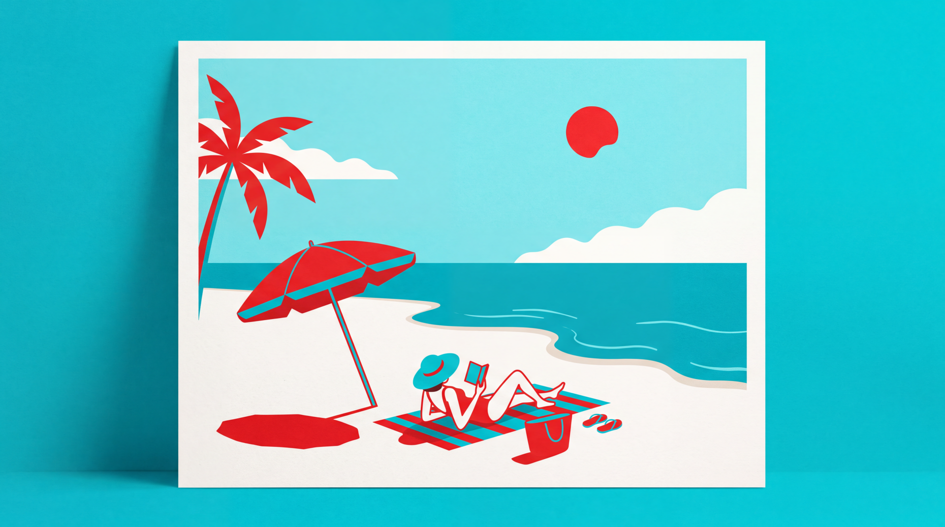 Minimalist summer 5K Ultra HD PC desktop wallpaper and background: stylized beach in turquoise and red with two loungers under an umbrella, palm tree and sun.