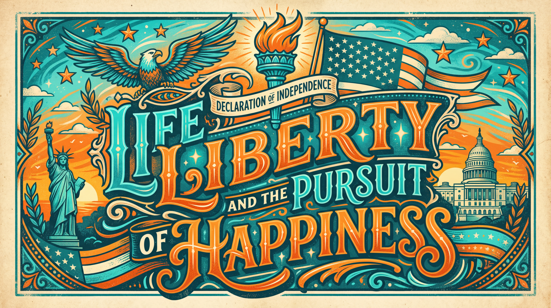 5K Ultra HD PC desktop wallpaper: ornate, vintage lettering Life, Liberty and the Pursuit of Happiness framed by American symbols—eagle, torch, Statue of Liberty, Capitol dome, flag.