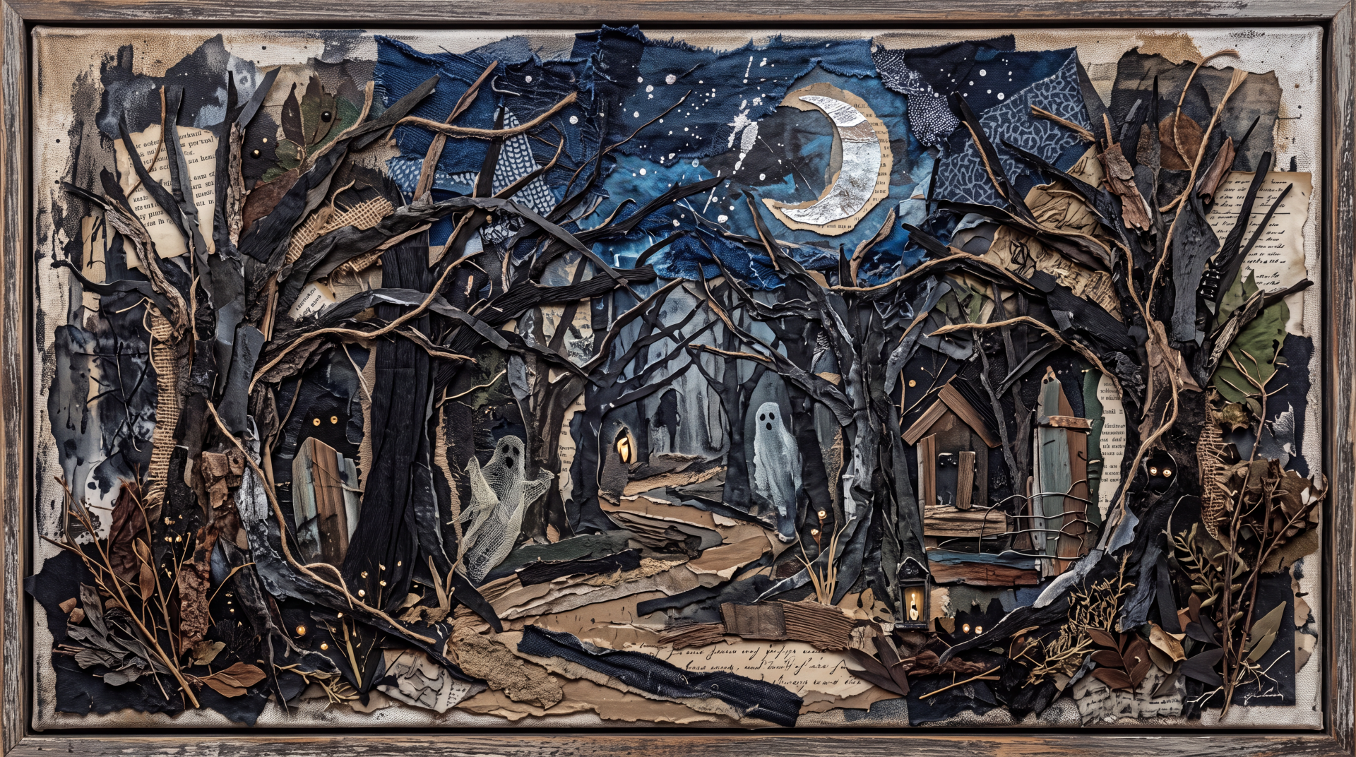5K Ultra HD PC desktop wallpaper: moonlit haunted forest with twisted trees, a winding path, ghostly figures between dilapidated cabins under a starry crescent moon.