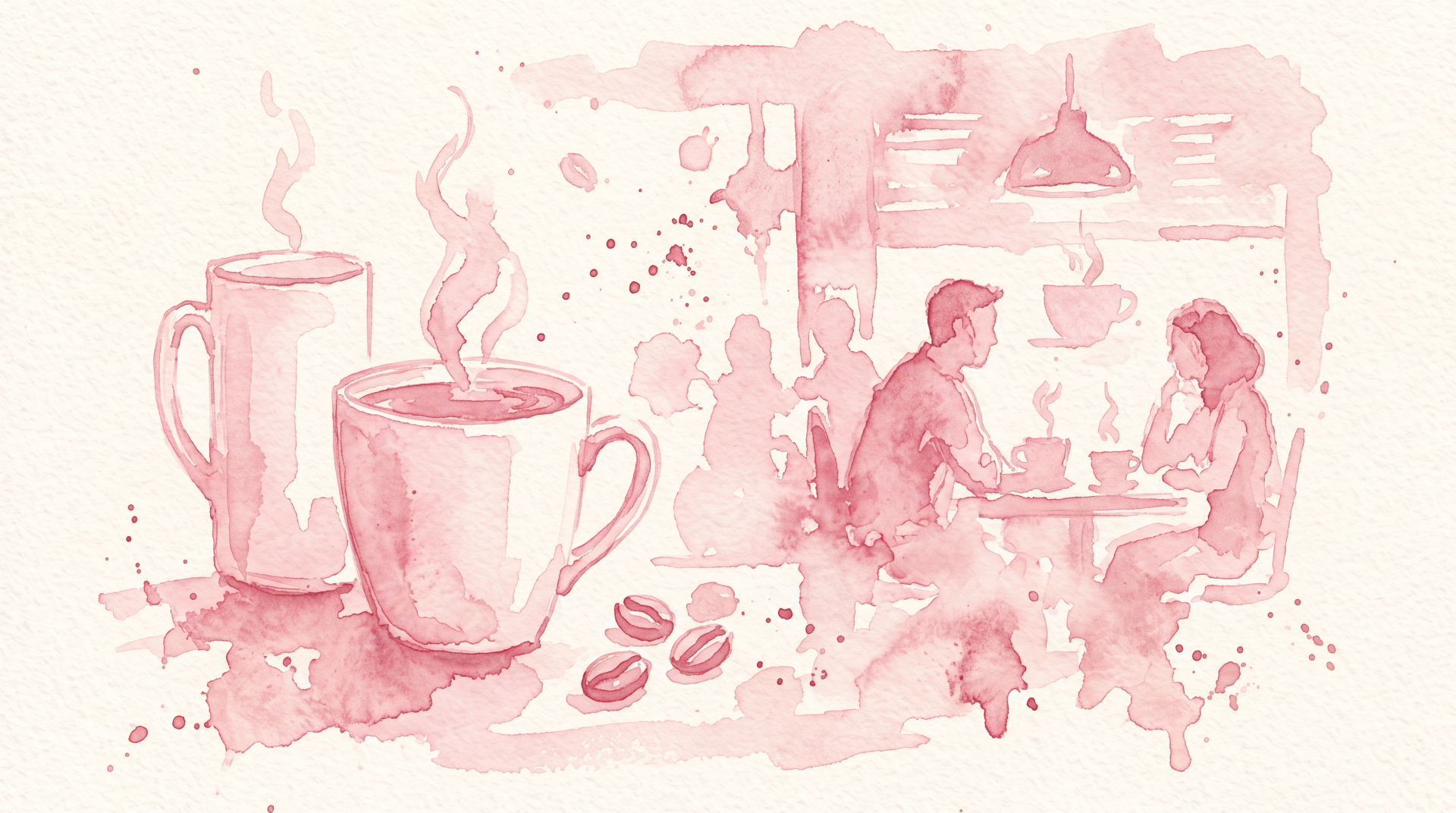 Light pink watercolor 5K Ultra HD PC desktop wallpaper and background showing two steaming coffee cups, beans, and a couple chatting in a cozy café scene.