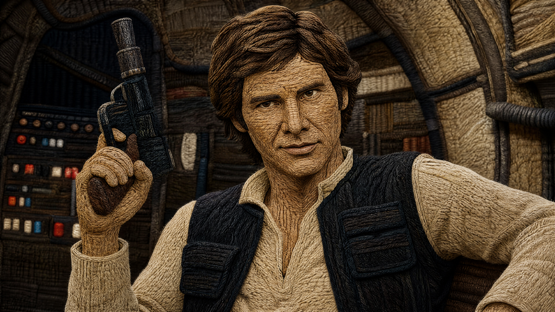 Han Solo holding a blaster, textured 4K Ultra HD PC desktop wallpaper/background with warm-toned starship interior and a confident, ready-for-action pose.