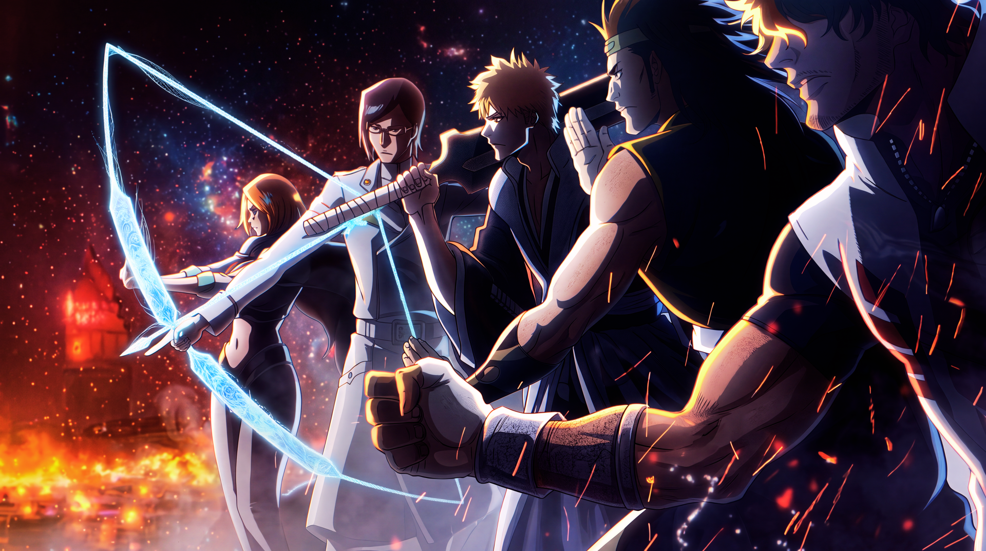 Bleach: Thousand-Year Blood War 5K Ultra HD PC desktop wallpaper showing Ichigo Kurosaki, Orihime Inoue and Uryu Ishida poised with glowing weapons against a fiery, starry night sky.