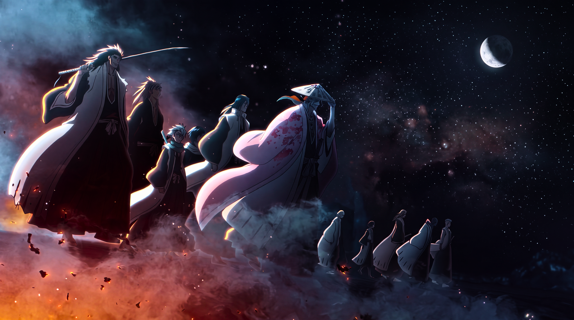 Bleach: Thousand-Year Blood War anime 5K Ultra HD PC wallpaper — Shunsui Kyōraku leads Soul Reapers across fiery clouds beneath a crescent moon.