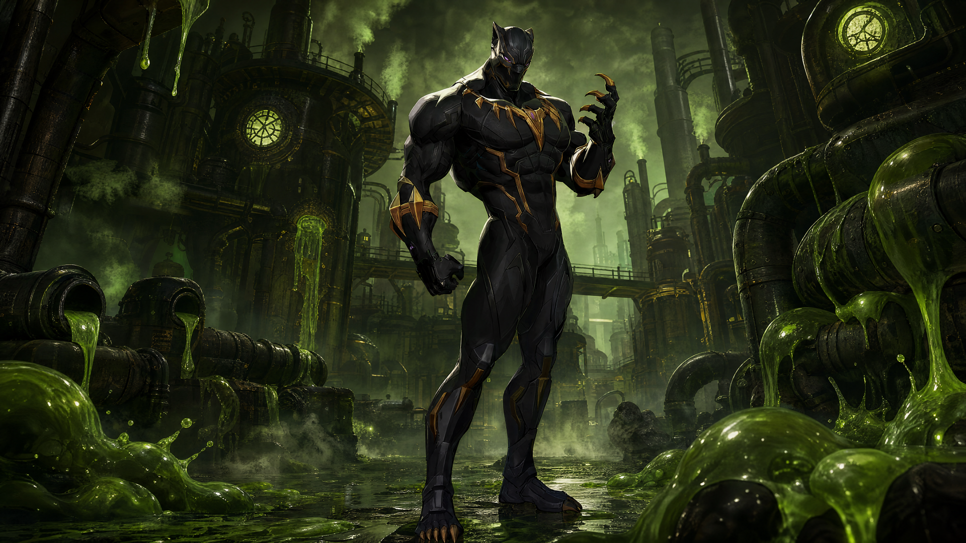 Black Panther in a toxic green industrial lair, posed menacingly — Marvel Rivals 4K Ultra HD PC desktop wallpaper and background.