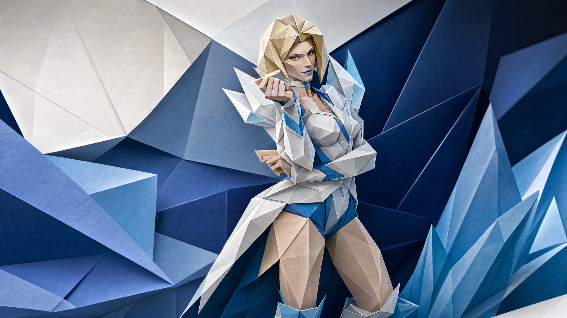 Low-poly ice-themed Marvel Rivals character posing amid crystalline blue shards — 4K Ultra HD PC desktop wallpaper/background, video game art.