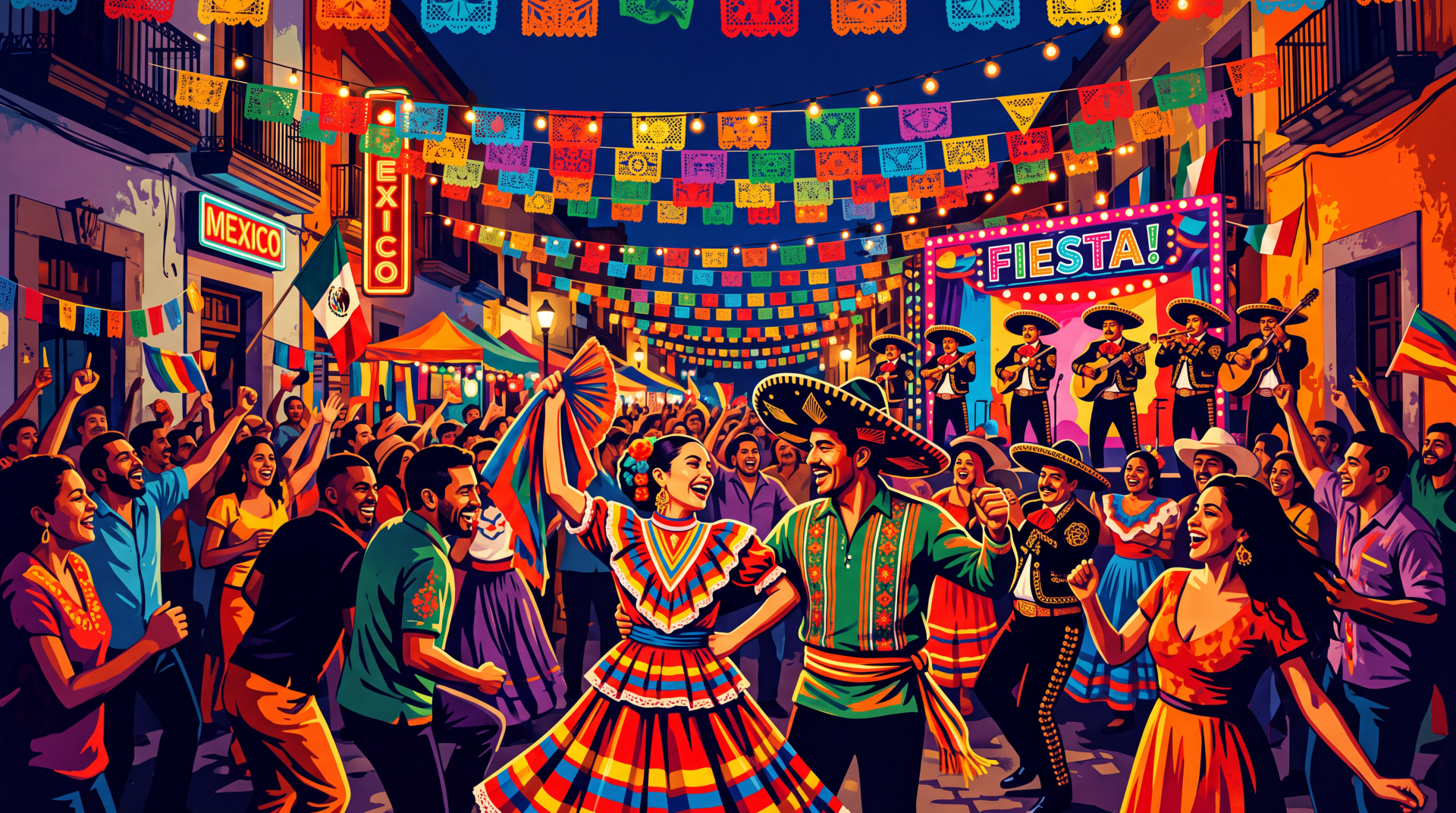 Vibrant Mexican fiesta street scene with dancers in traditional dresses and sombreros under colorful papel picado, neon signs and live mariachi — 5K Ultra HD PC desktop wallpaper/background.