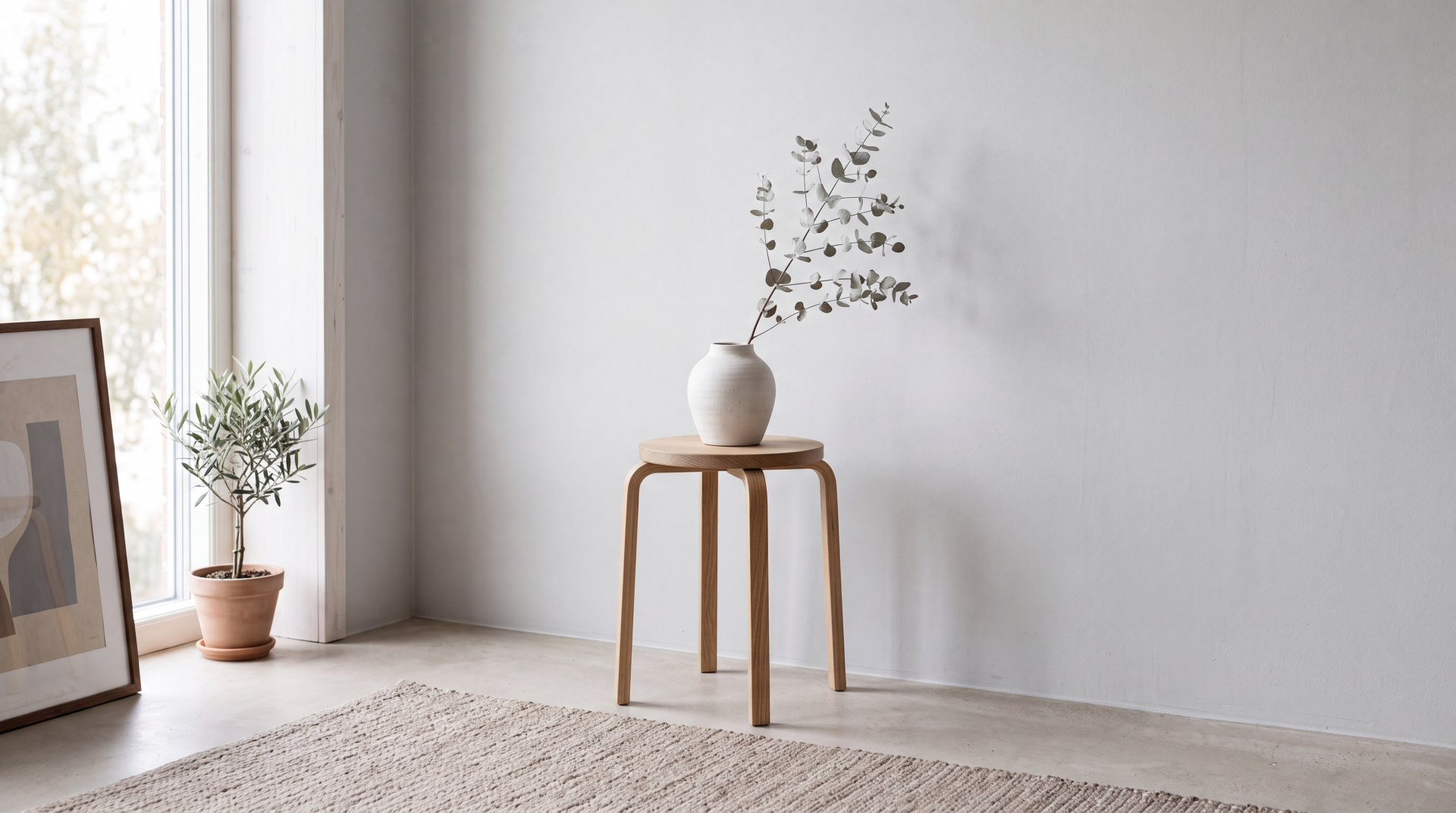 Clean minimalist interior: wooden stool with white vase and sprig, potted plant by a bright window — 5K Ultra HD PC desktop wallpaper and background.