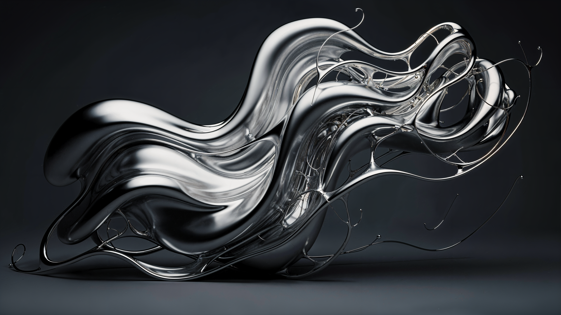 4K Ultra HD PC desktop wallpaper and background: flowing liquid metal sculpture—silvery ribbons and tendrils twisting in glossy, abstract waves against a dark backdrop.