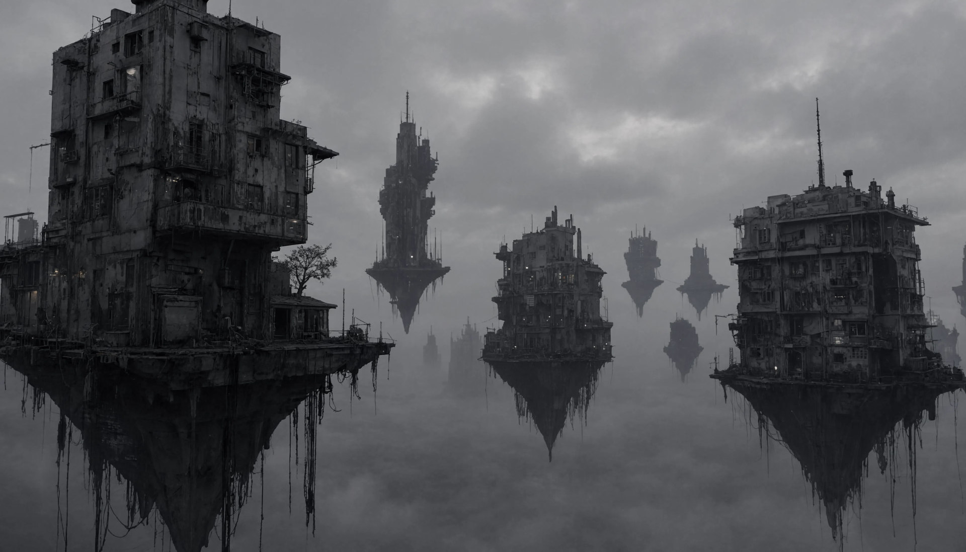 Monochrome scene of dilapidated floating buildings mirrored on calm water — 5K Ultra HD PC desktop wallpaper background.