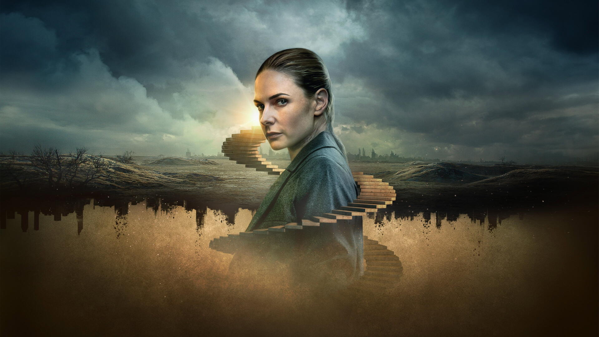 Surreal 4K Ultra HD PC desktop wallpaper: a woman in a foggy plain with a spiraling staircase and distant silo silhouettes beneath a stormy sky