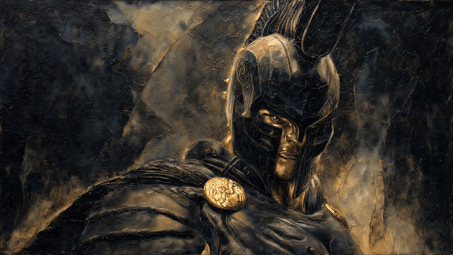 The Odyssey (2026) 4K Ultra HD PC desktop wallpaper: bronze-armored warrior in a horned helmet and cloak, face in shadow, surrounded by smoke and glowing embers.