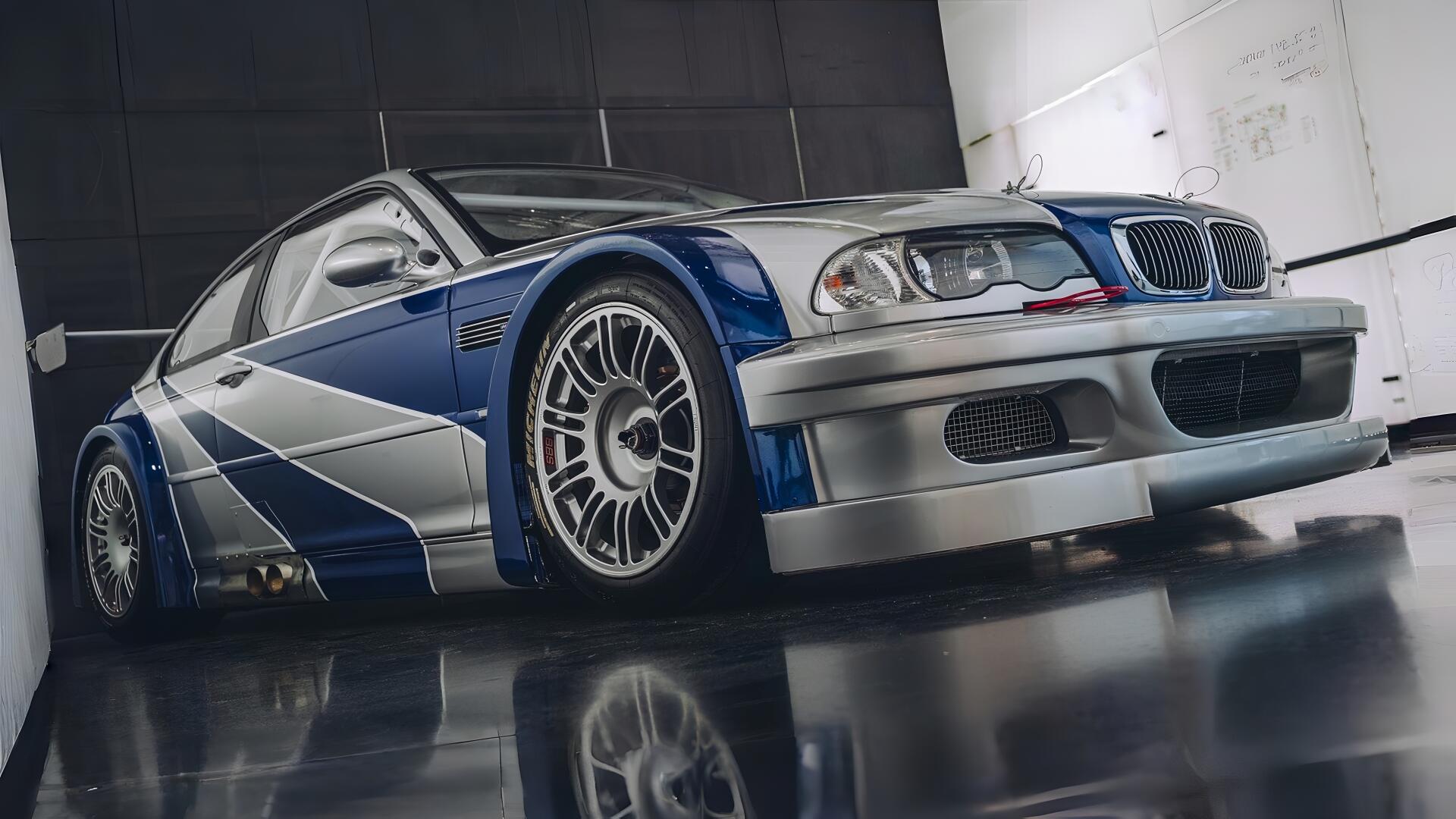 4K Ultra HD PC desktop wallpaper: customized BMW car in Need For Speed: Most Wanted style, blue-and-silver livery with widebody kit and racing wheels.