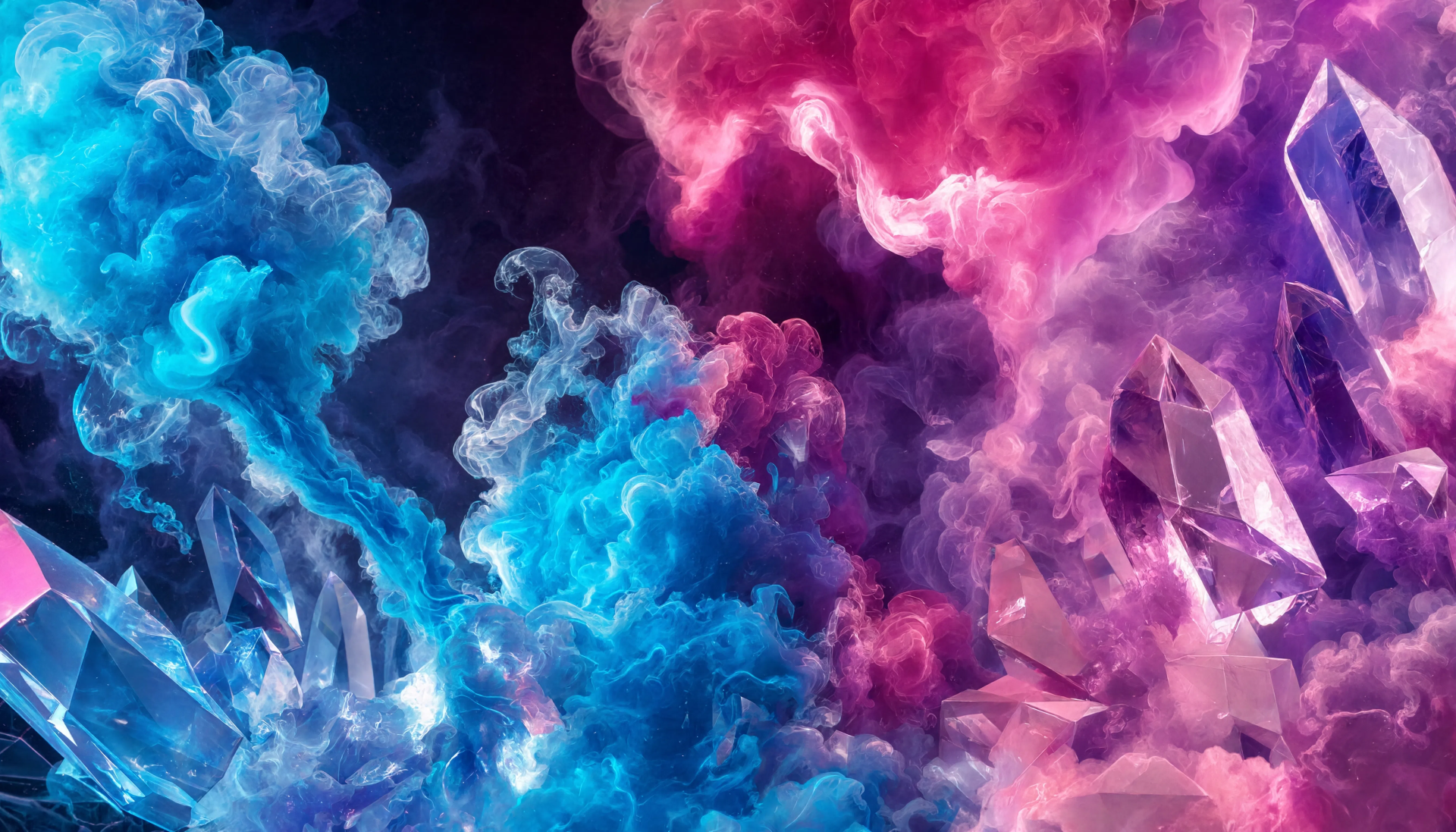Vivid blue and magenta plumes of colorful smoke swirling among crystalline shards — 5K Ultra HD PC desktop wallpaper and background.