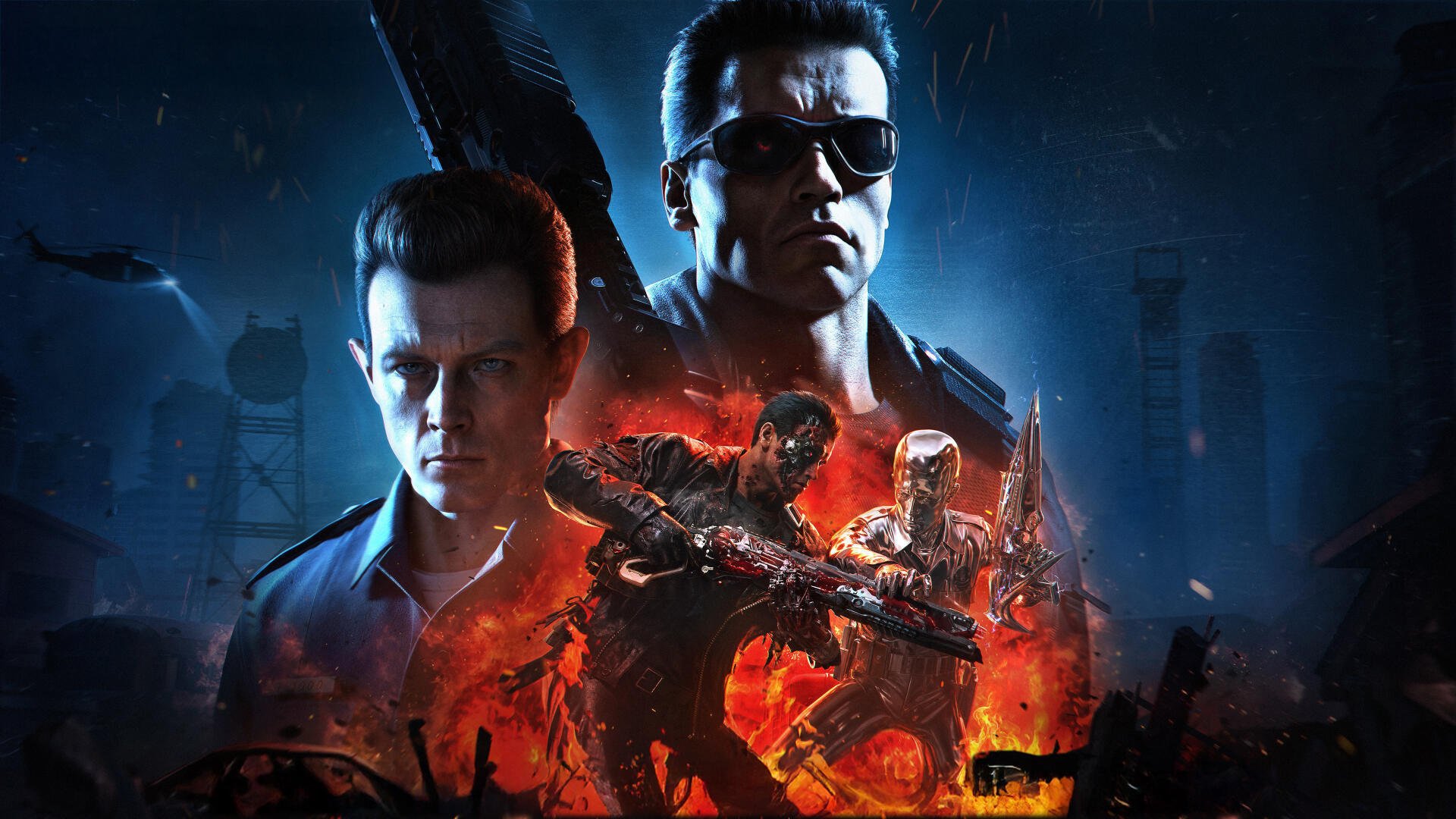 Terminator 2: Judgment Day 4K Ultra HD PC wallpaper — T-800 in sunglasses, young John Connor behind, and a fiery metallic T-1000 rising amid a ruined, glowing cityscape.
