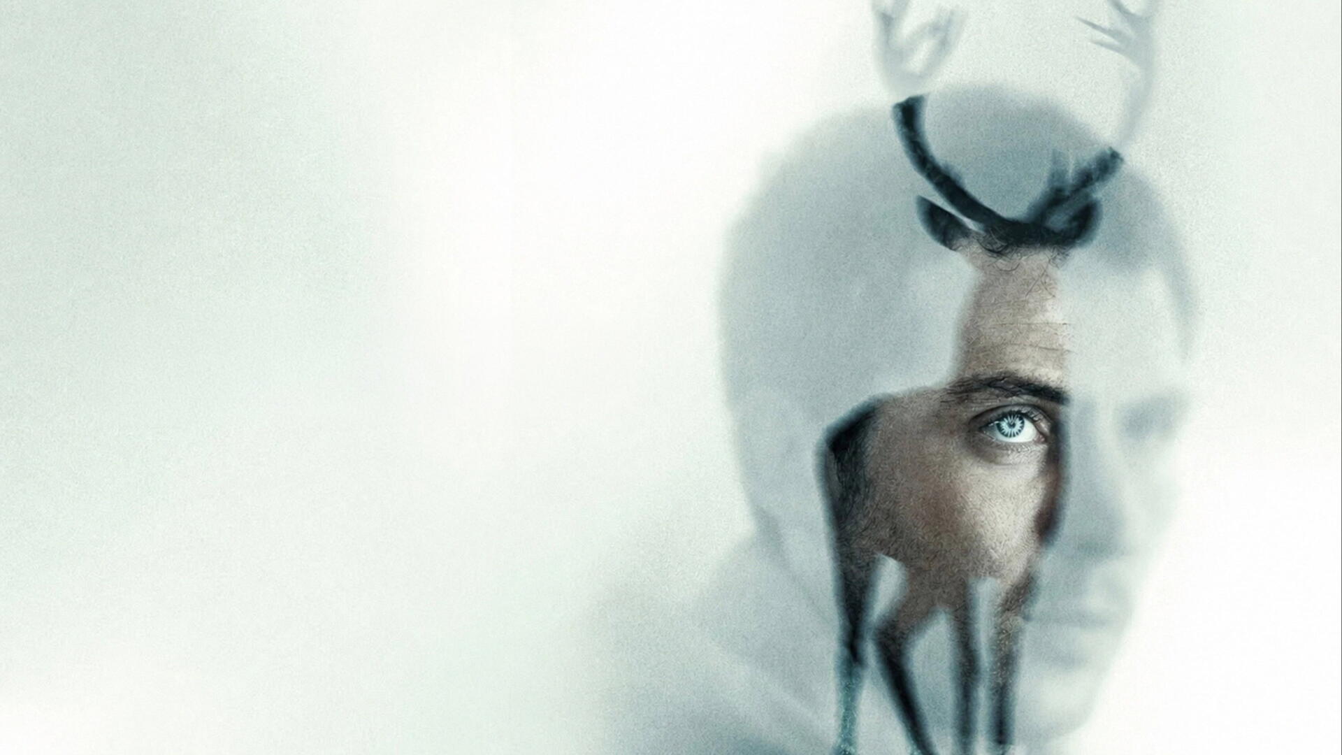 Disclosure Day 4K Ultra HD PC desktop wallpaper: ghostly double-exposure of a man's face merging with a stag, bright green eye and pale ethereal background.