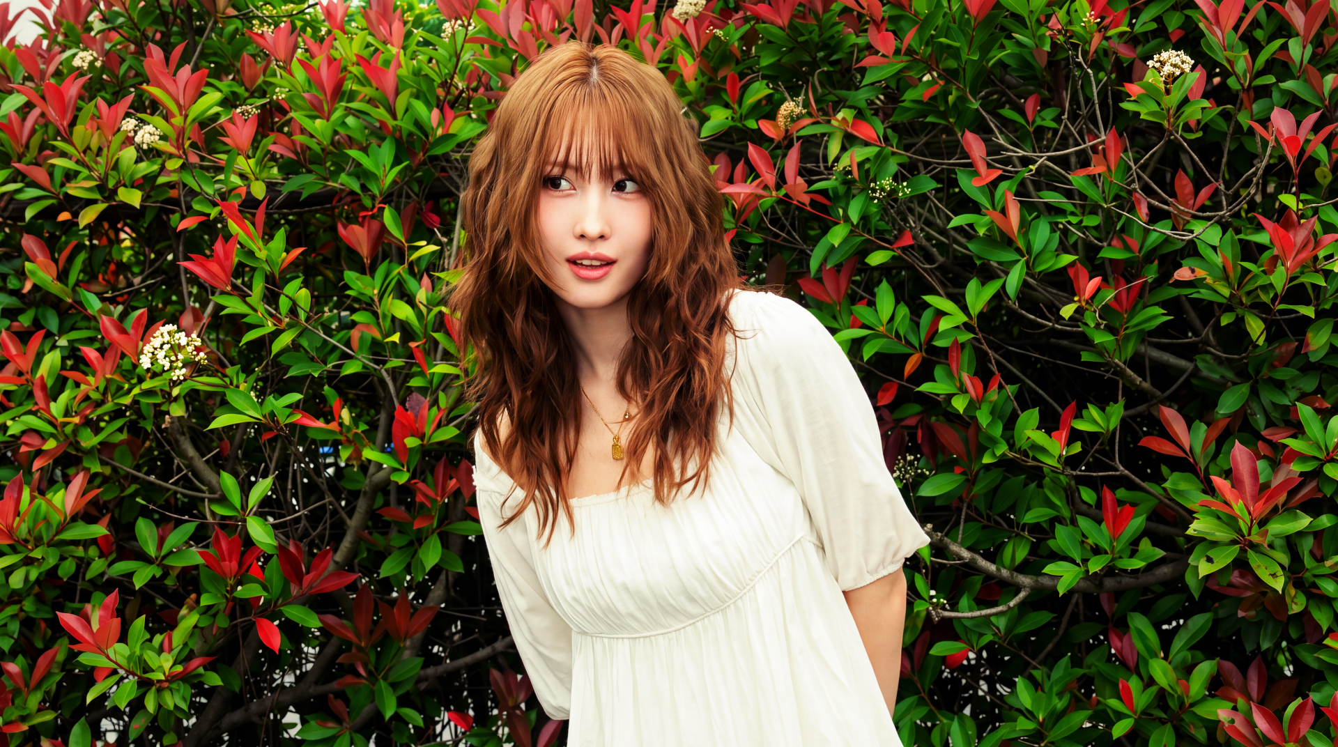 Young woman in a white dress framed by red-green foliage, K-pop/Japanese model aesthetic, 5K Ultra HD PC desktop wallpaper background.