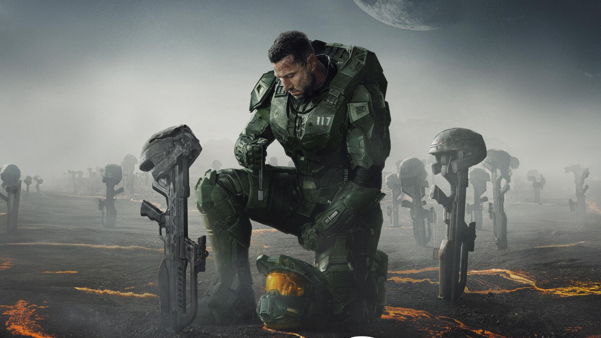 Master Chief kneels on a scorched alien shore amid helmets and rifles under a pale moon — 4K Ultra HD Halo (TV show) PC desktop wallpaper.