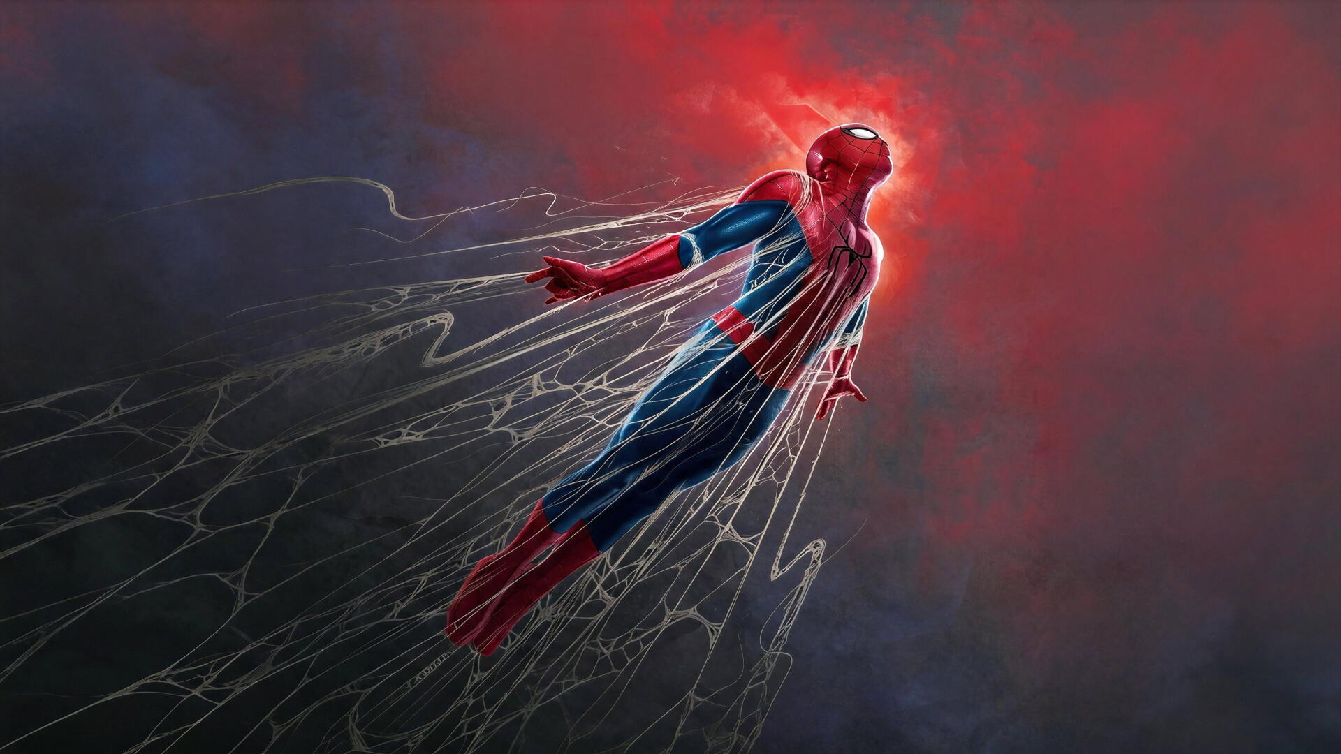 Spider-Man (Brand New Day) hurtling through a crimson sky with webs streaming behind him — 2K Quad HD PC desktop wallpaper/background.