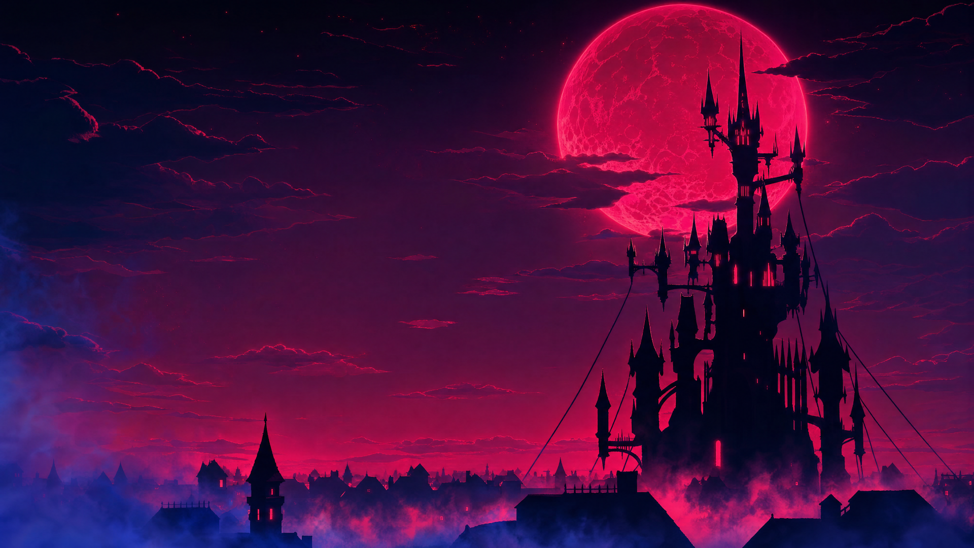 Castlevania Belmont's Curse 4K Ultra HD PC desktop wallpaper — silhouetted gothic castle beneath a blood-red moon over a misty purple skyline.