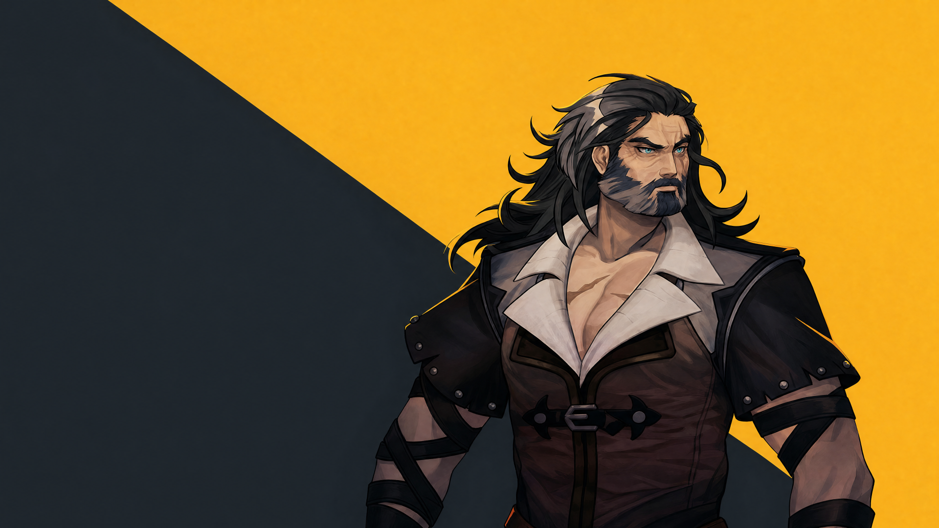 Castlevania: Belmont's Curse — rugged Belmont vampire hunter in a leather coat against a diagonal black-and-gold backdrop. 4K Ultra HD PC desktop wallpaper from the Castlevania video game.