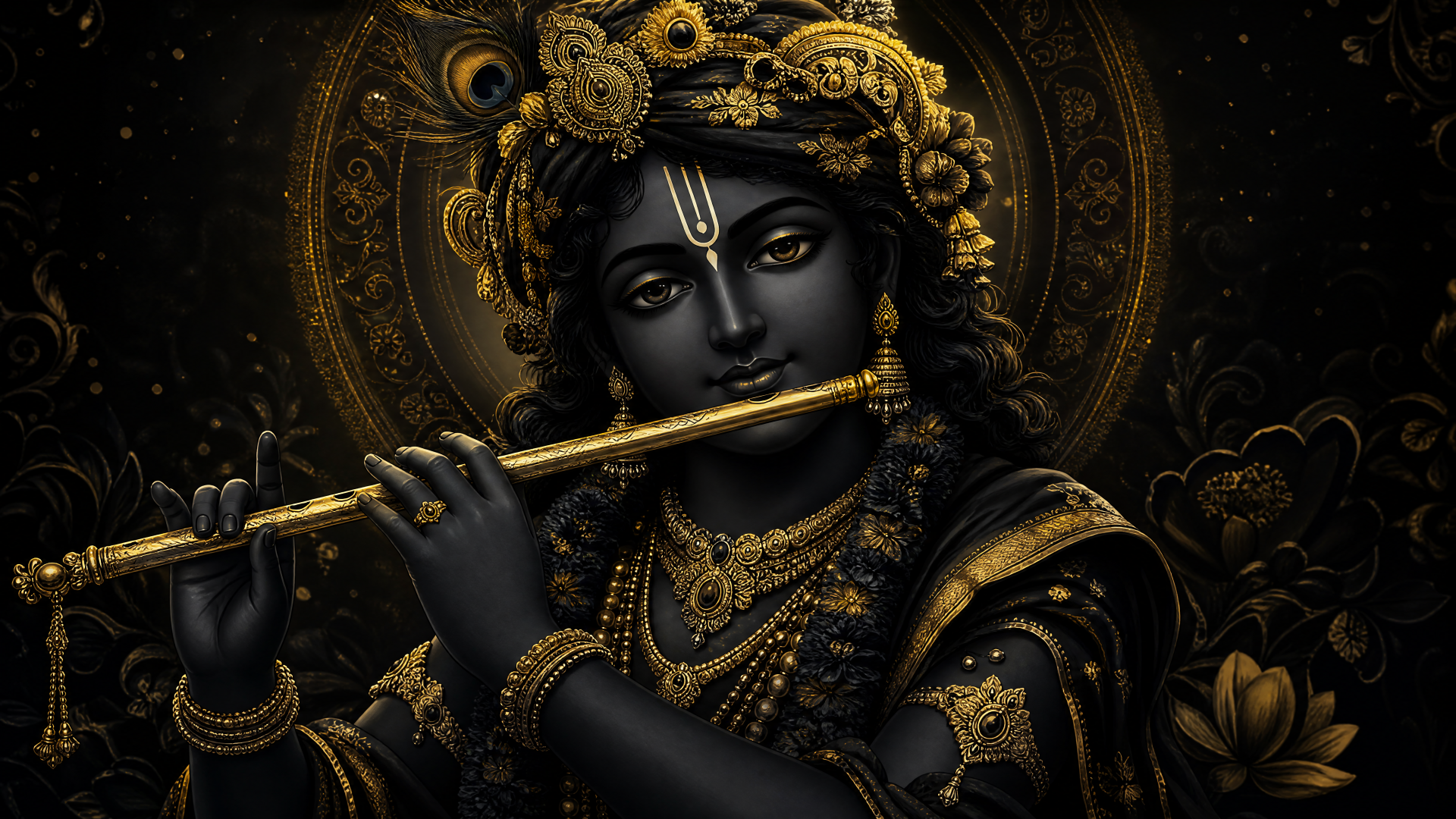 4K Ultra HD PC wallpaper of Lord Krishna: dark-skinned divine figure playing flute, ornate golden jewelry and halo against an intricate black-and-gold floral background.