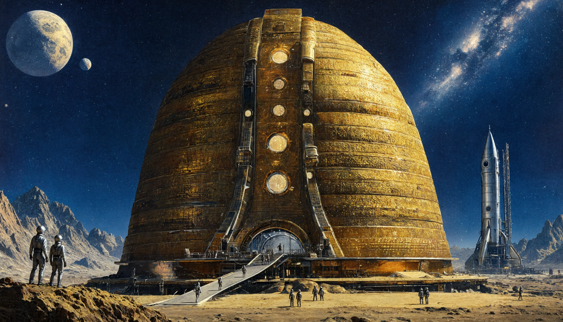 5K Ultra HD PC Desktop Wallpaper and Background: towering golden dome habitat on an alien desert, tiny figures on a ramp, rocket at right, twin moons and a starry galaxy overhead.