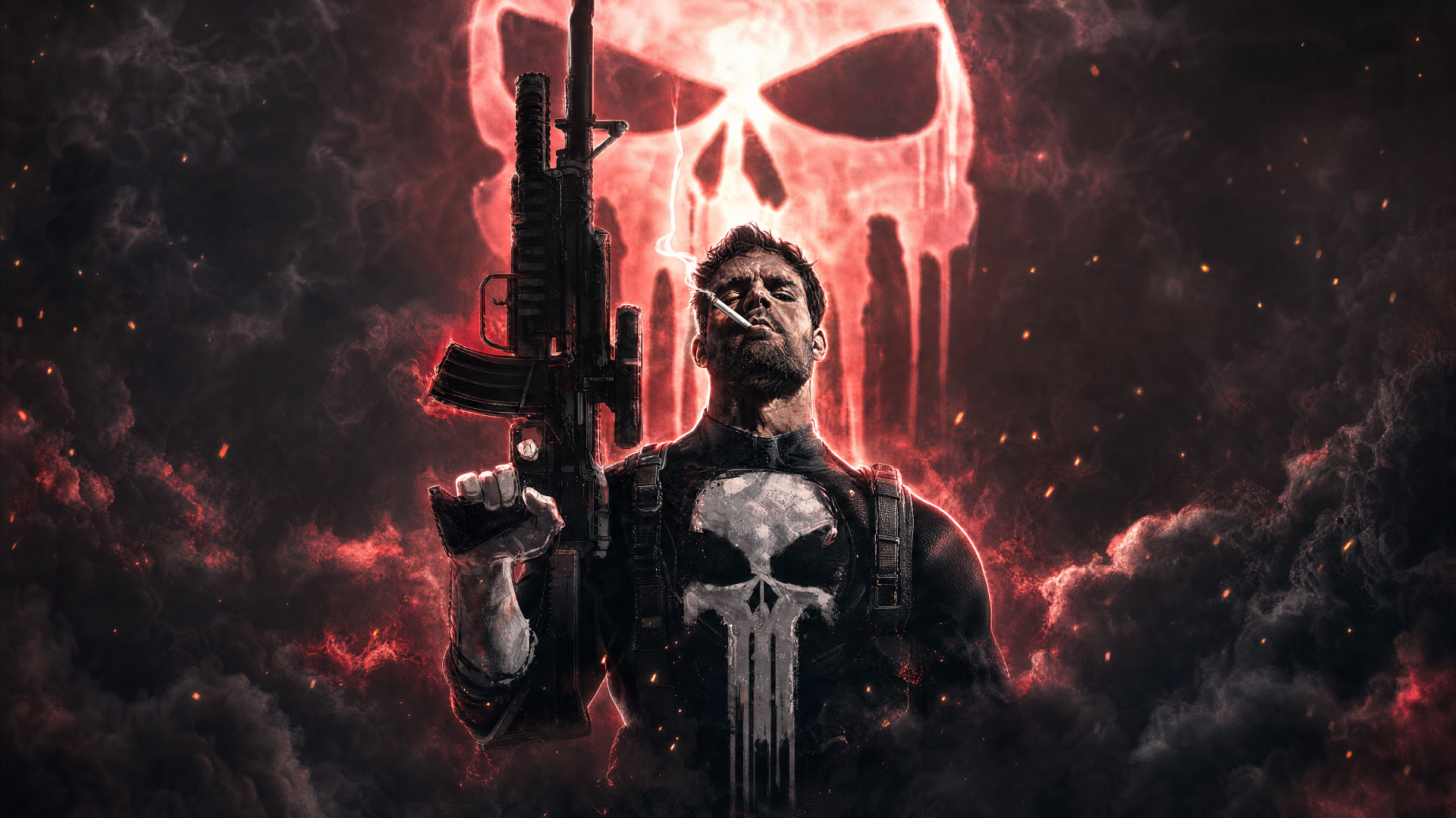 Vigilante Punisher stands in a 4K Ultra HD PC desktop wallpaper, holding a rifle before a glowing skull emblem amid smoke and red highlights.