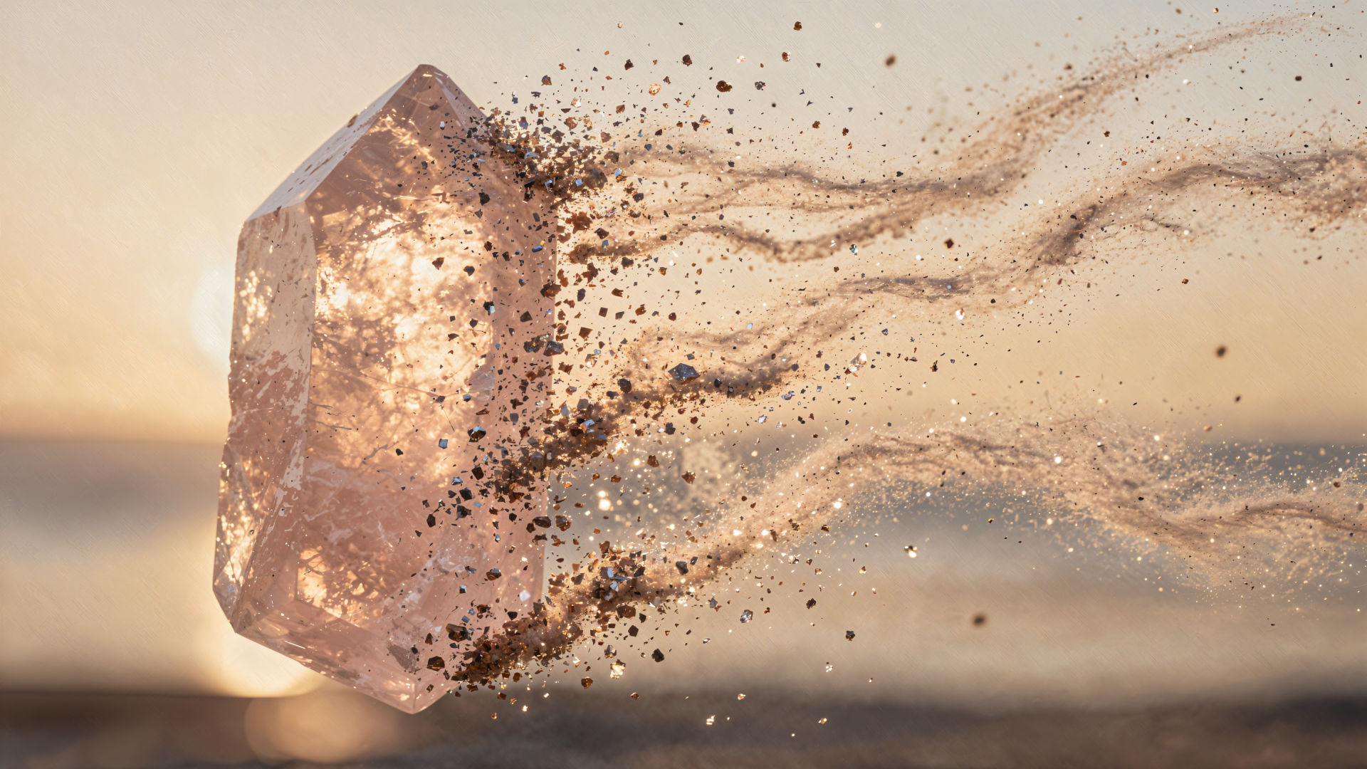 Rose quartz gemstone crystal fragment dissolving into fine dust and light streaks against a soft sunset — 4K Ultra HD PC desktop wallpaper background.