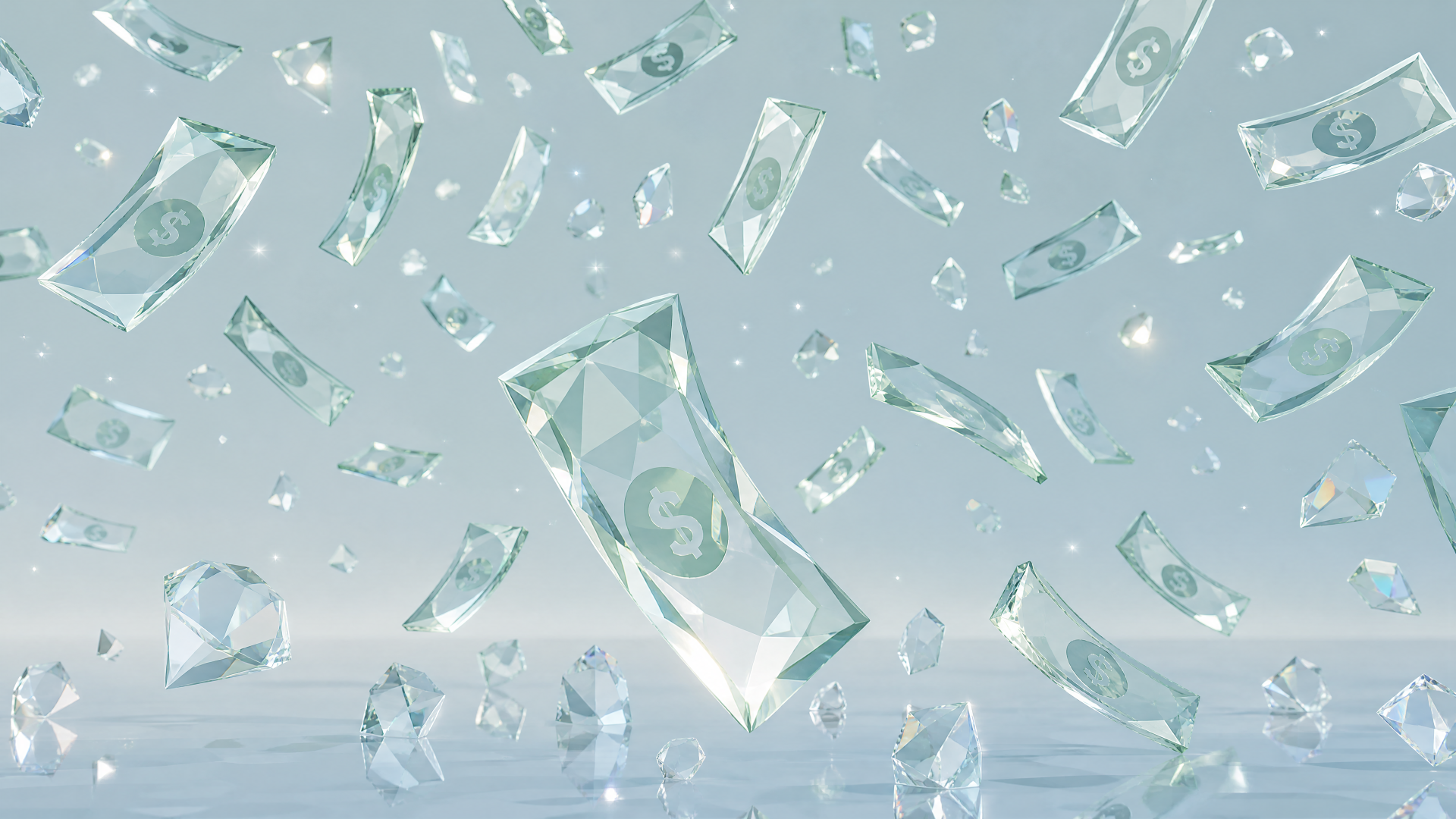 4K Ultra HD PC desktop wallpaper of glass shards and banknotes raining through a reflective, pastel-toned space, bills and crystalline fragments suspended midair.
