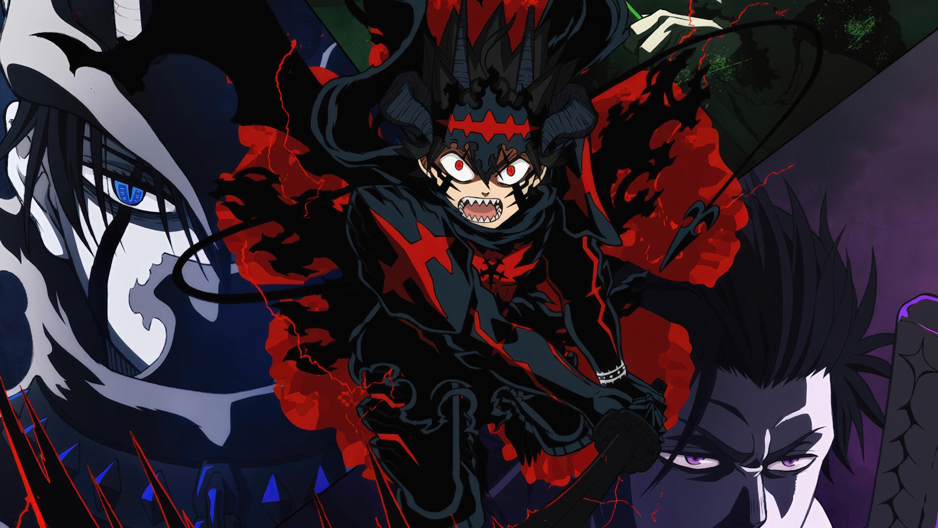 Black Clover 4K Ultra HD PC desktop wallpaper: Asta in Black Asta form lunging forward, red-black mana swirling, shadowy faces of allies and enemies loom in the background.