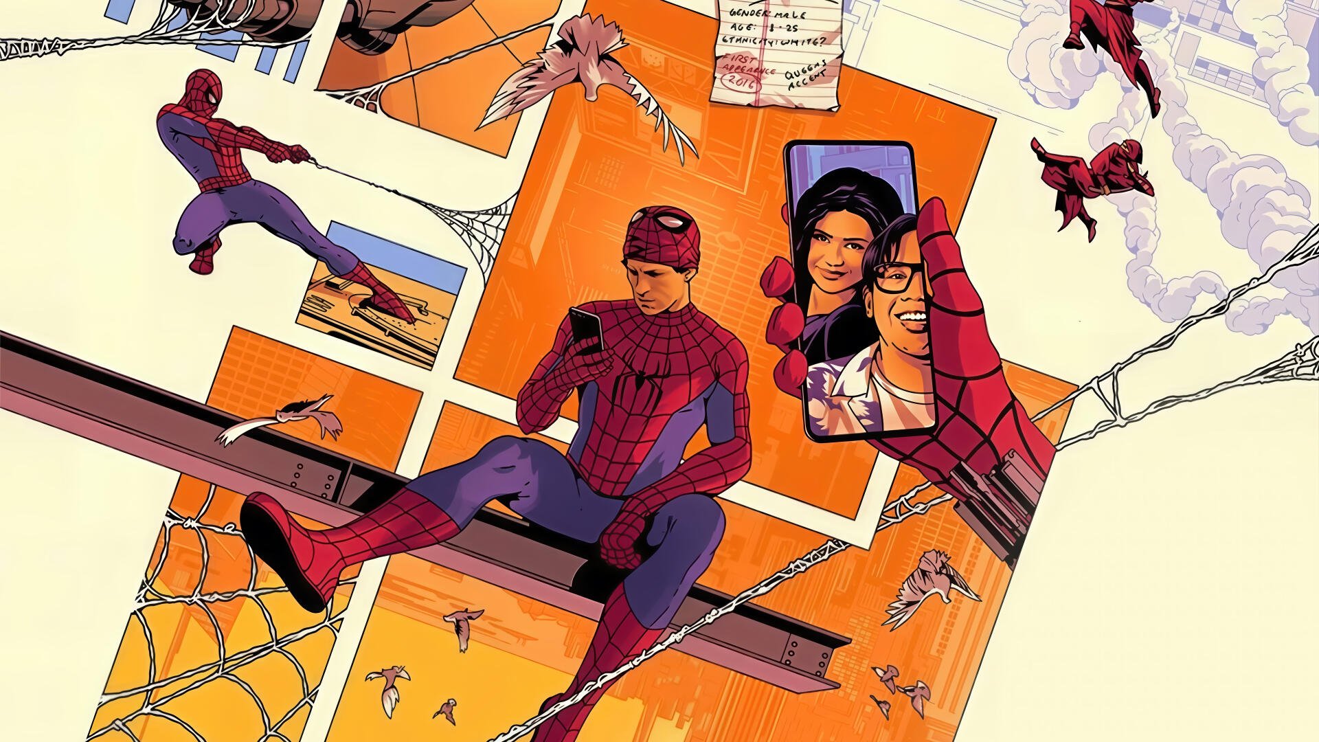 Spider-Man: Brand New Day 4K Ultra HD PC desktop wallpaper — comic panels of Spider-Man perched on a beam, swinging, pointing, and checking a phone displaying MJ's photo.
