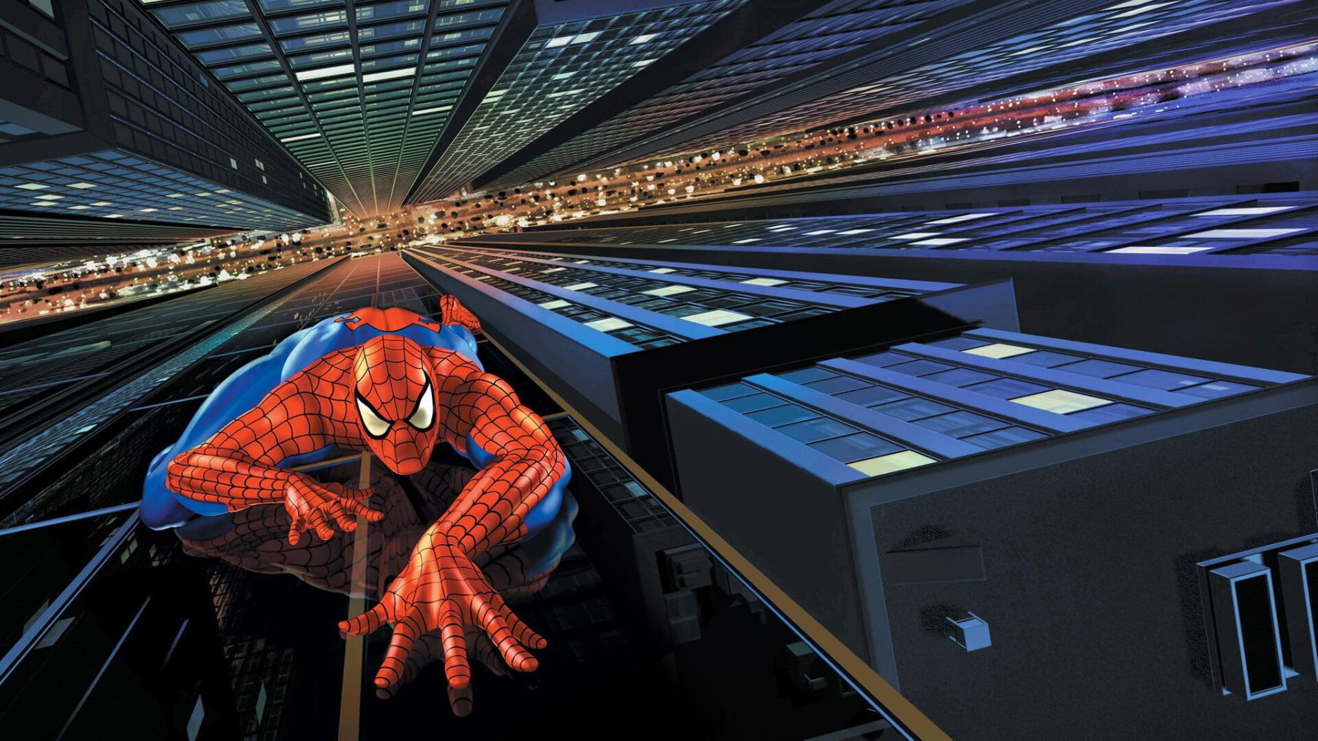 Spider-Man: The Animated Series HD PC desktop wallpaper background — Spider-Man clings to a glass skyscraper, reaching toward the viewer as city lights streak below.
