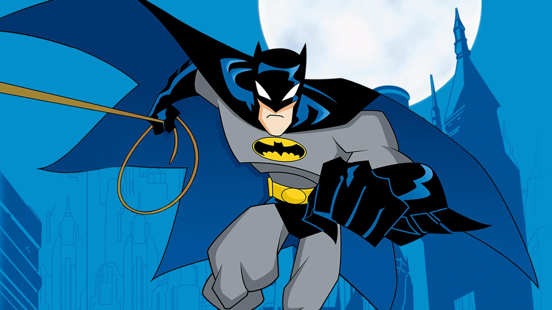 The Batman (Series) 4K Ultra HD PC desktop wallpaper: animated Batman swoops over moonlit Gotham skyline, cape billowing, holding a grappling line and batarang.