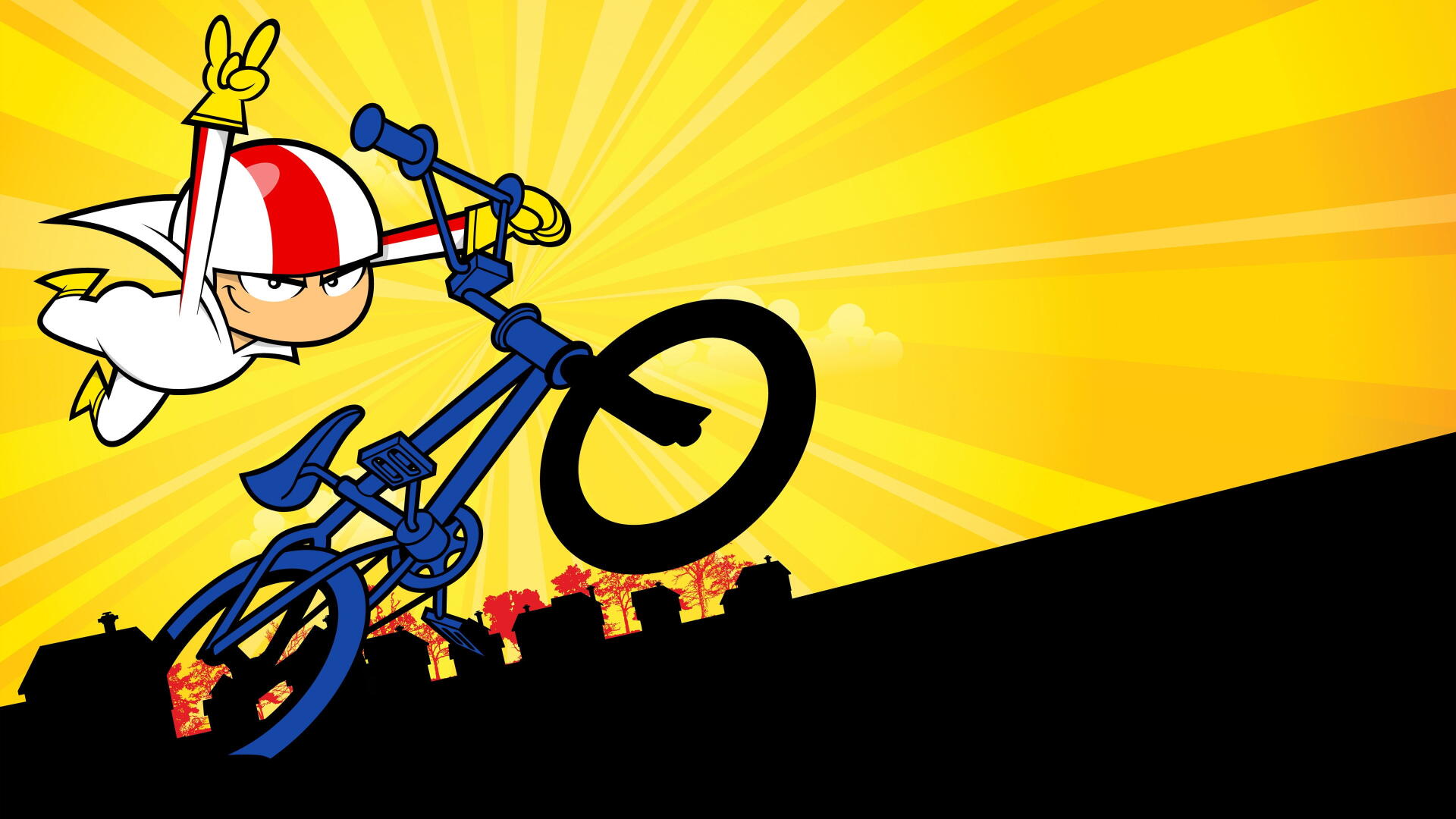 Kick Buttowski in a white suit and red-striped helmet launching a blue BMX over silhouetted rooftops on a yellow sunburst — 4K Ultra HD PC desktop wallpaper and background.