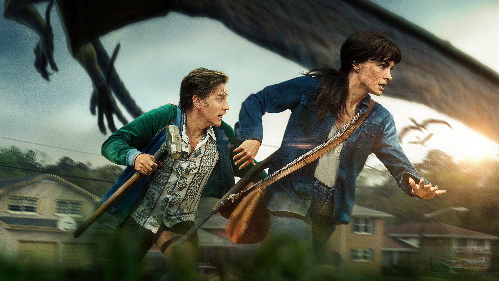 The End of Oak Street — HD PC Desktop Wallpaper and Background: two people sprint through a suburban street at dusk, tense expressions, stormy sky and looming giant roots overhead.